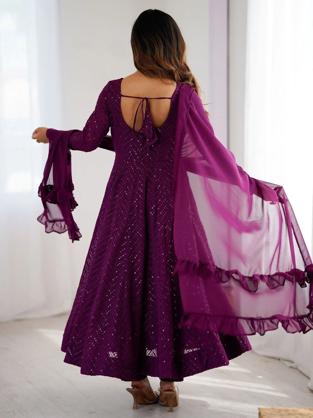 Wine Incredible Lucknawi Work Georgette Anarkali Suit With Ruffle Dupatta