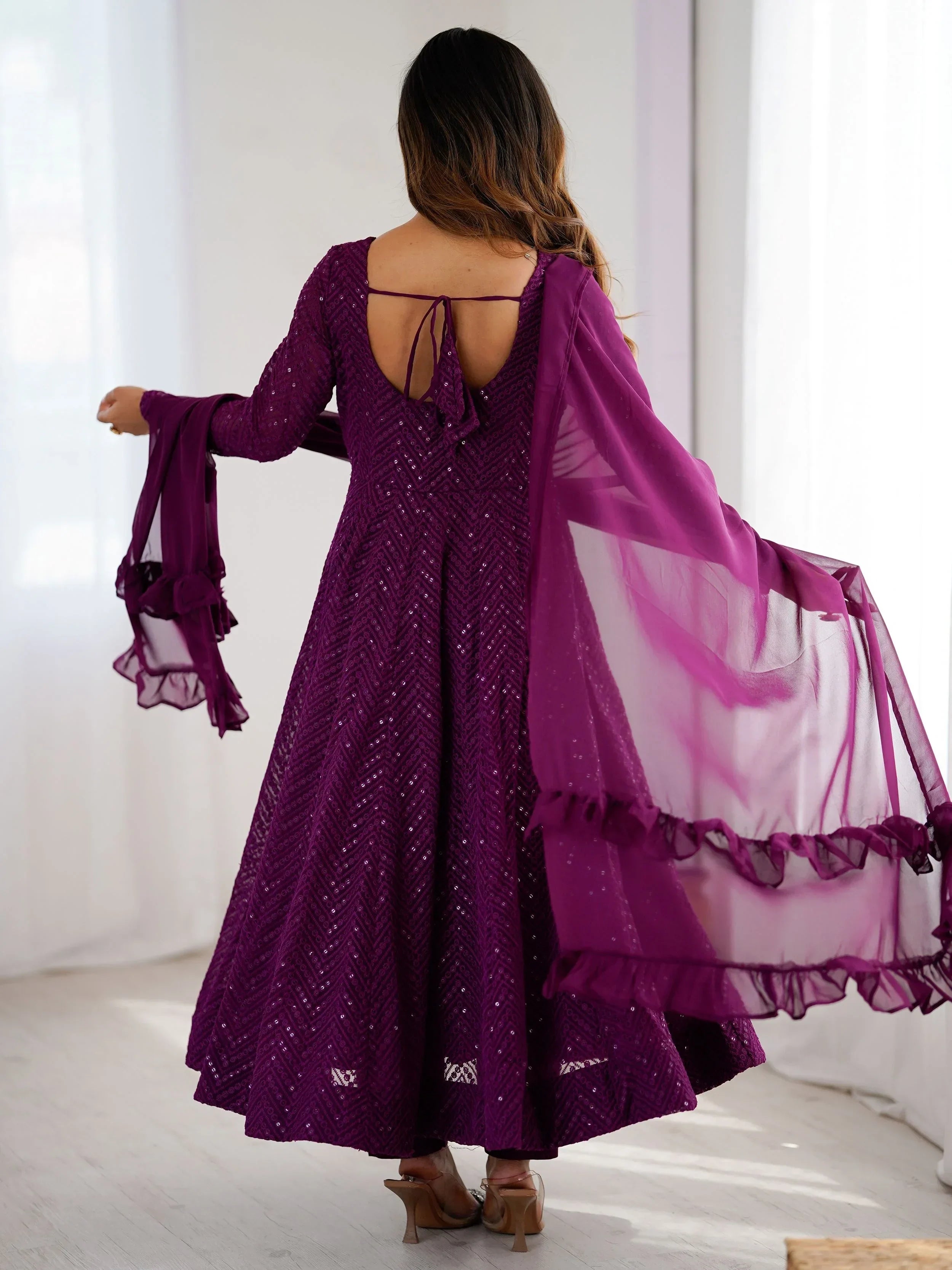 Wine Incredible Lucknawi Work Georgette Anarkali Suit With Ruffle Dupatta