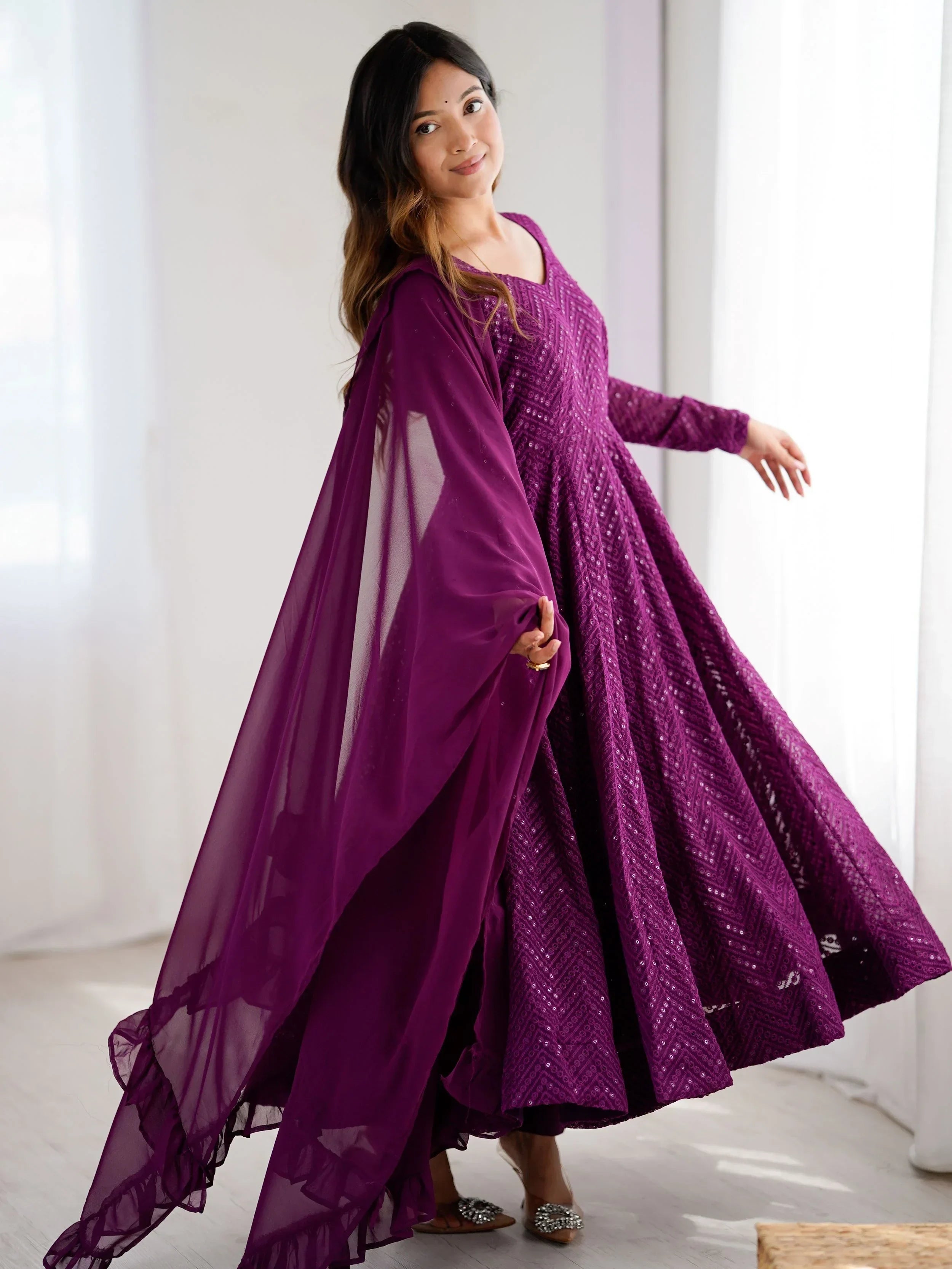 Wine Incredible Lucknawi Work Georgette Anarkali Suit With Ruffle Dupatta