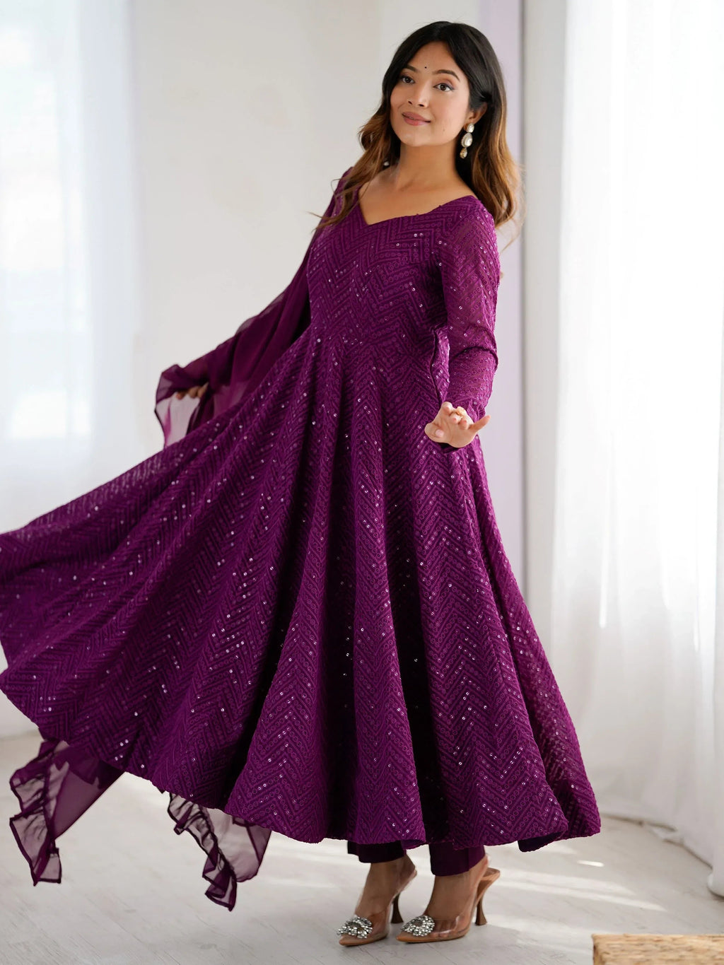 Wine Incredible Lucknawi Work Georgette Anarkali Suit With Ruffle Dupatta