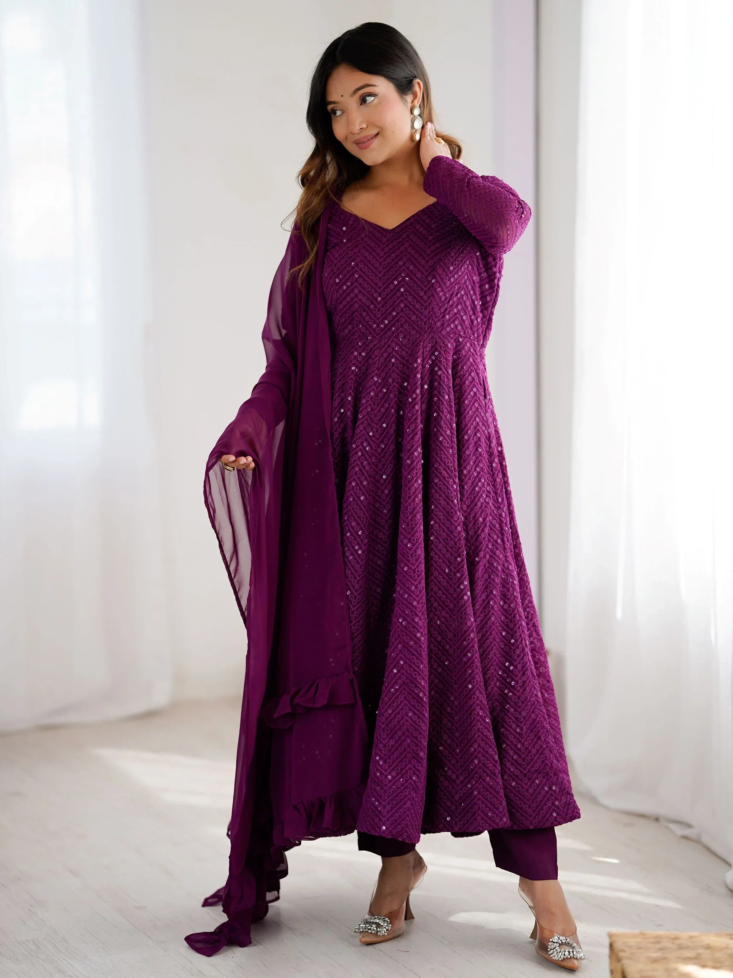 Wine Incredible Lucknawi Work Georgette Anarkali Suit With Ruffle Dupatta