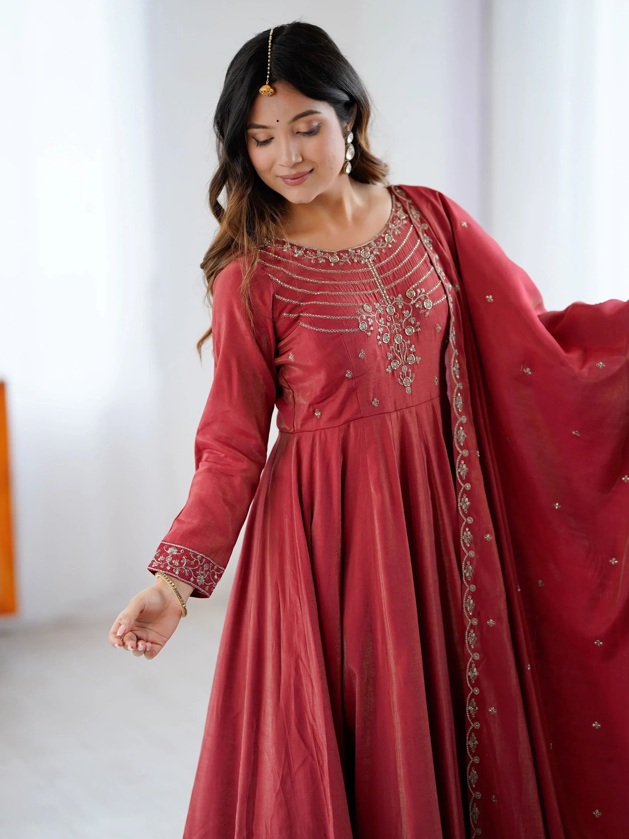 Timeless Maroon Chanderi Silk Embroidered Party Wear Anarkali Suit