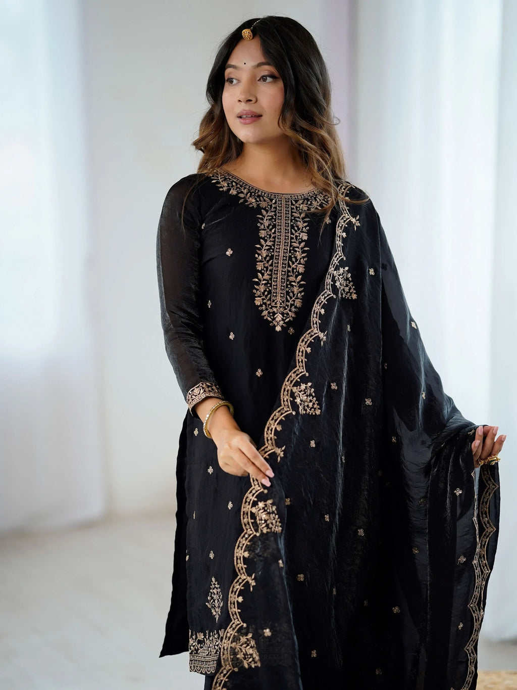 Pretty Black Silk Zari Embroidered Wedding Wear Sharara Suit