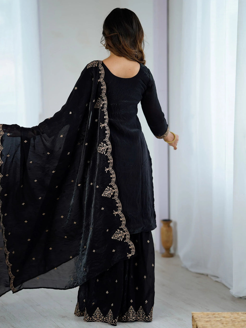 Pretty Black Silk Zari Embroidered Wedding Wear Sharara Suit