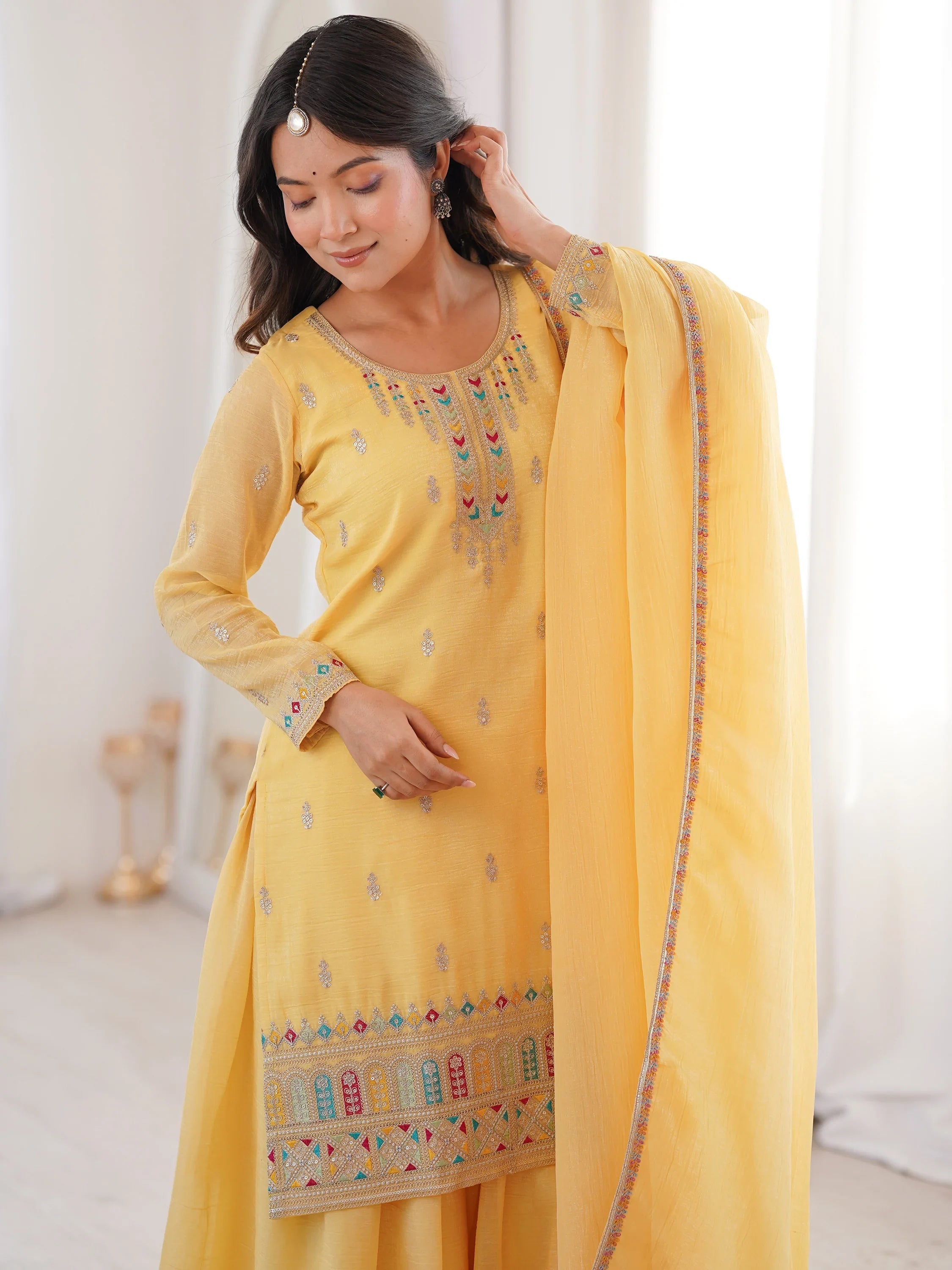 Superb Yellow Dori Embroidered Silk Haldi Wear Sharara Suit