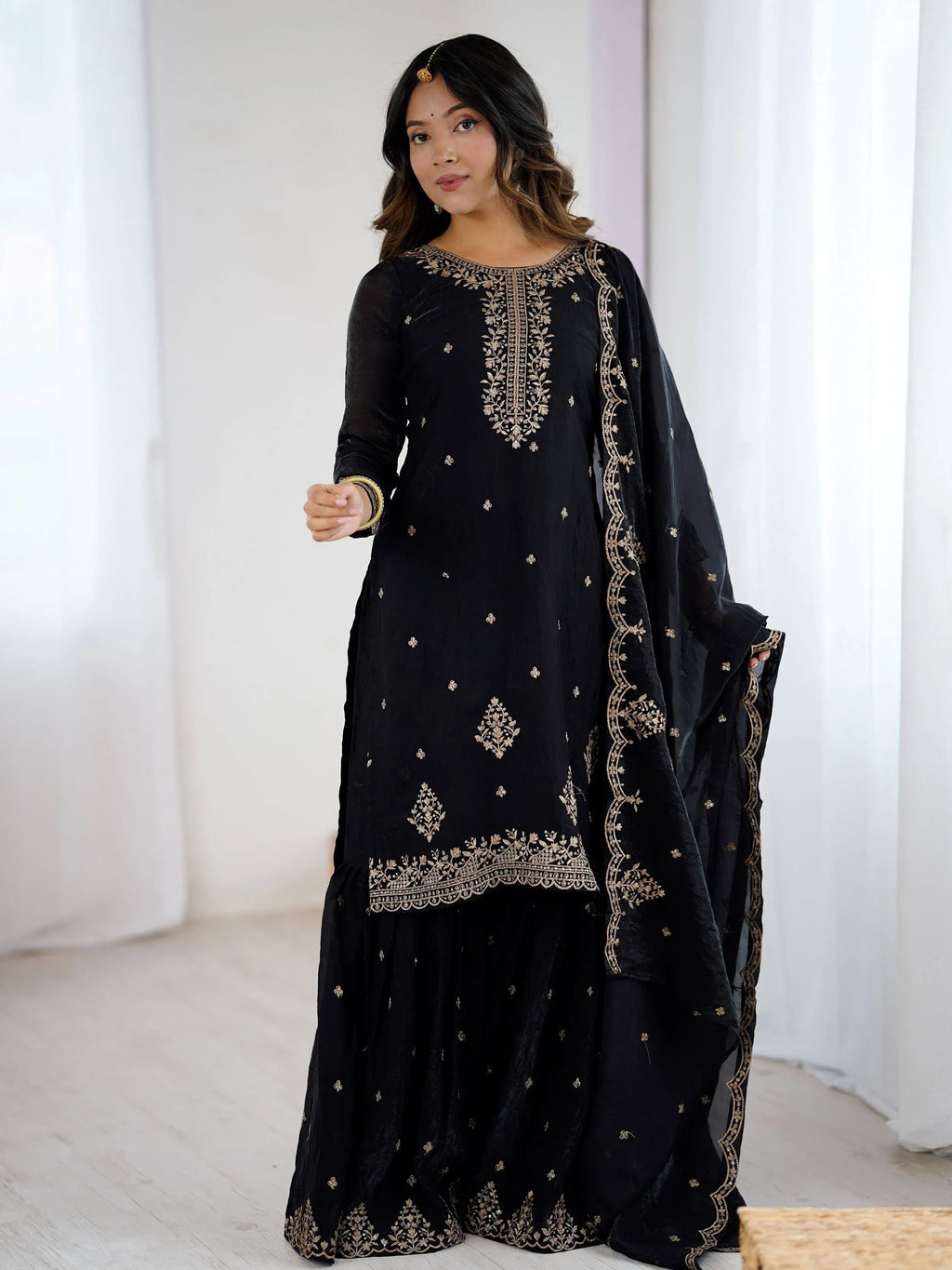 Pretty Black Silk Zari Embroidered Wedding Wear Sharara Suit