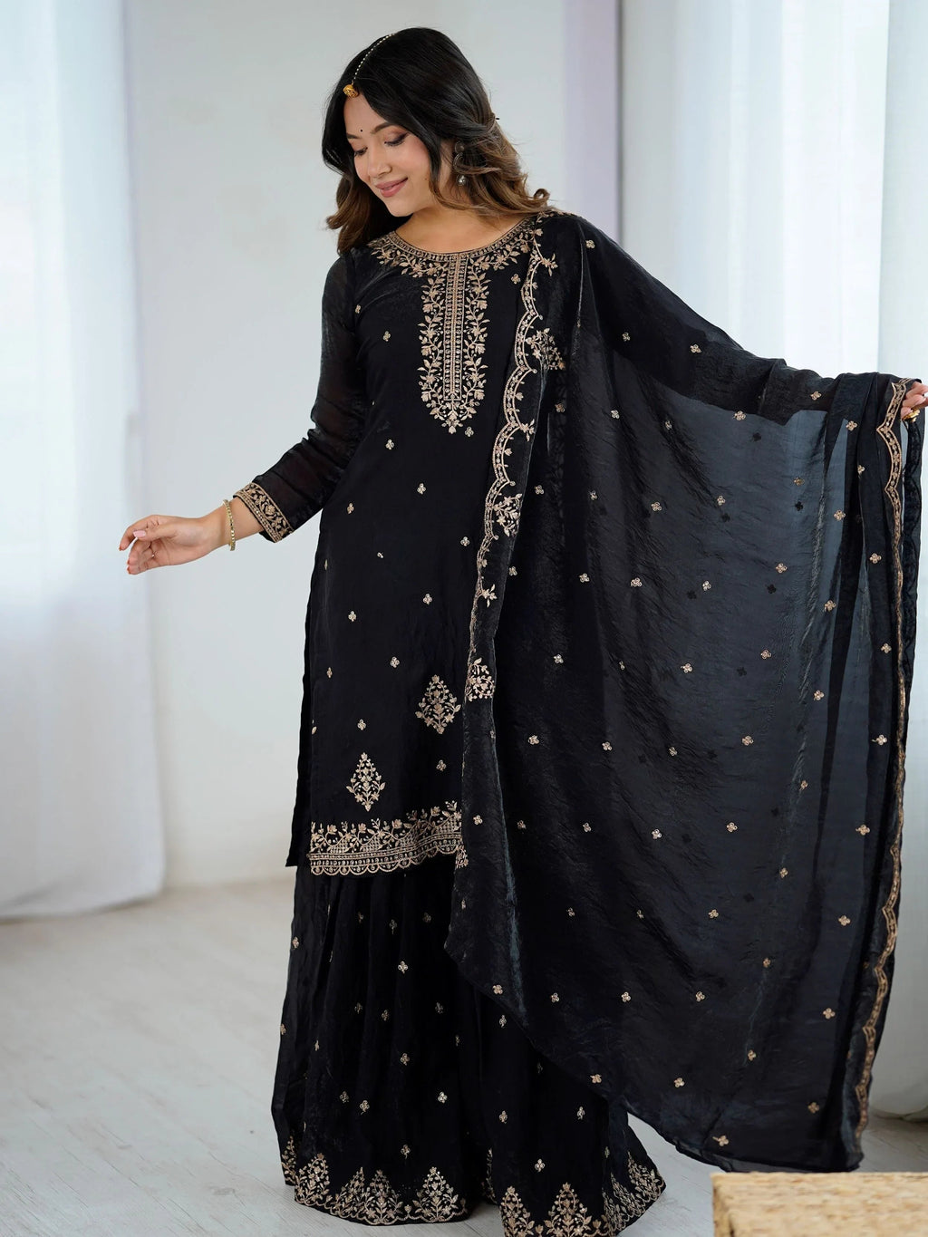 Pretty Black Silk Zari Embroidered Wedding Wear Sharara Suit