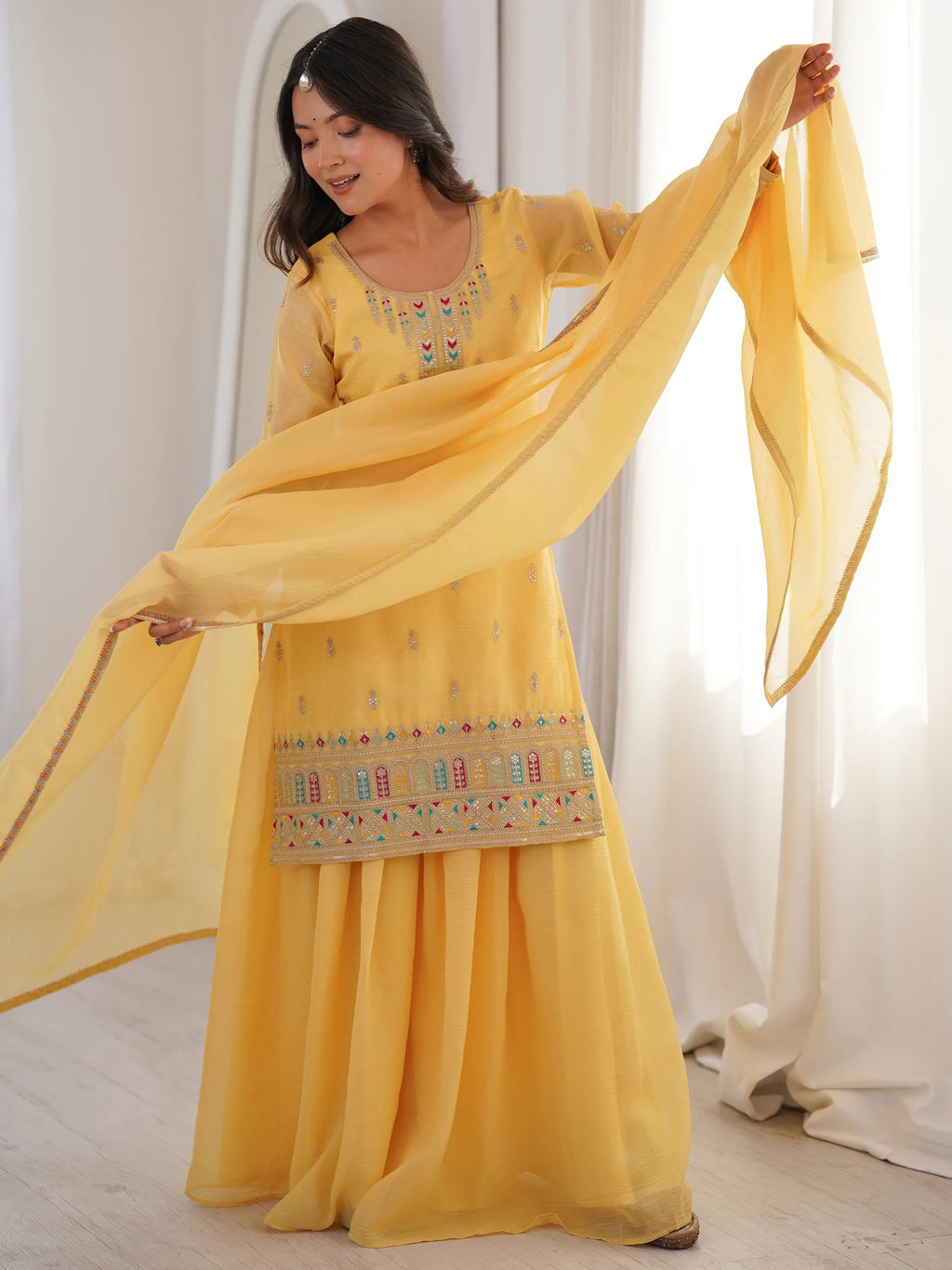 Superb Yellow Dori Embroidered Silk Haldi Wear Sharara Suit