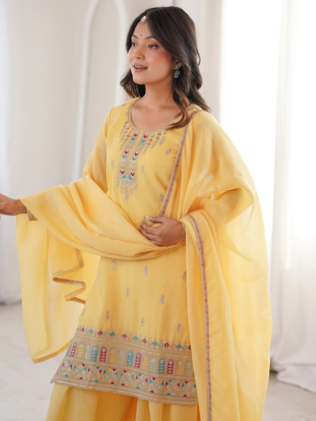 Superb Yellow Dori Embroidered Silk Haldi Wear Sharara Suit