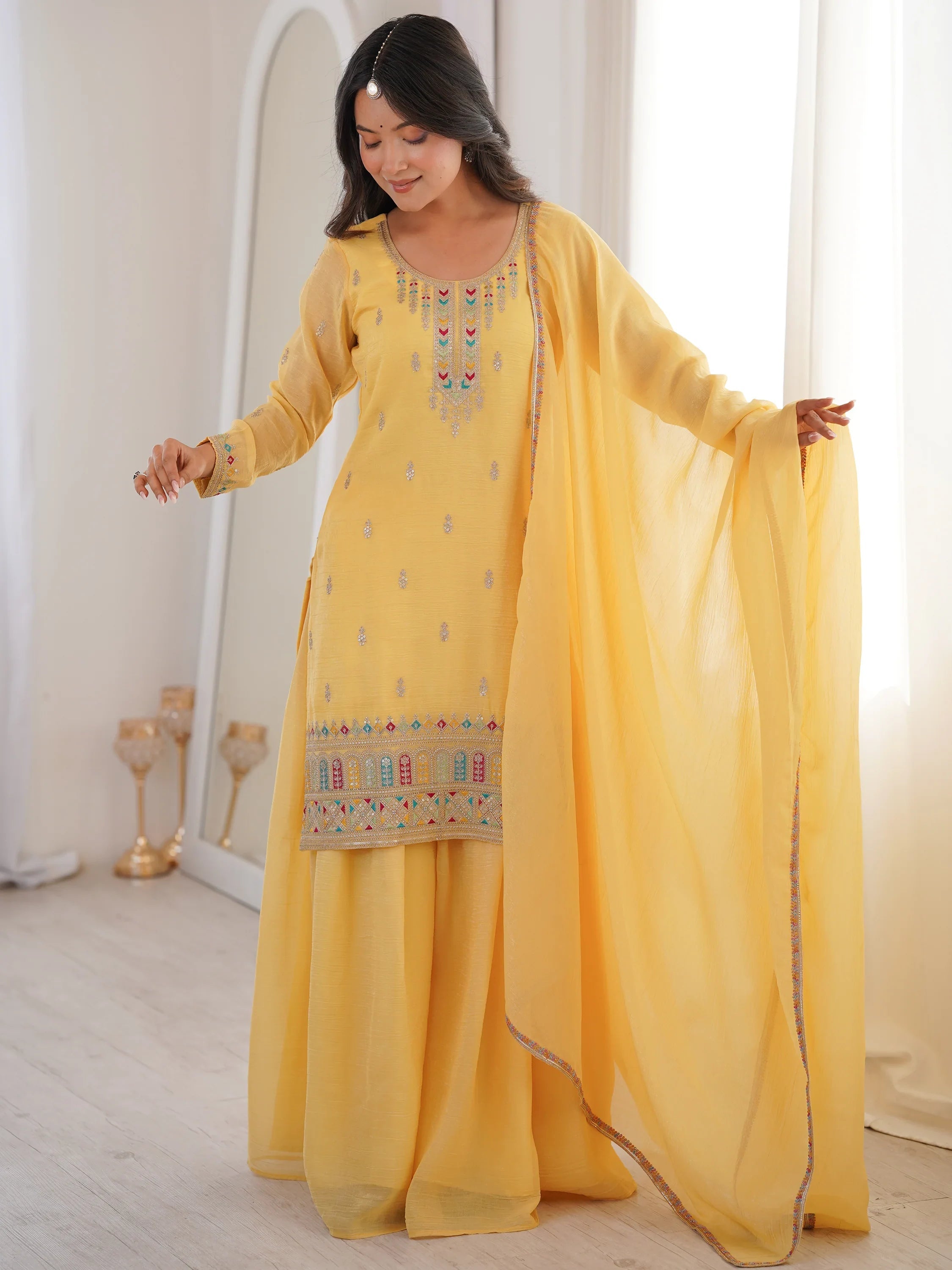 Superb Yellow Dori Embroidered Silk Haldi Wear Sharara Suit