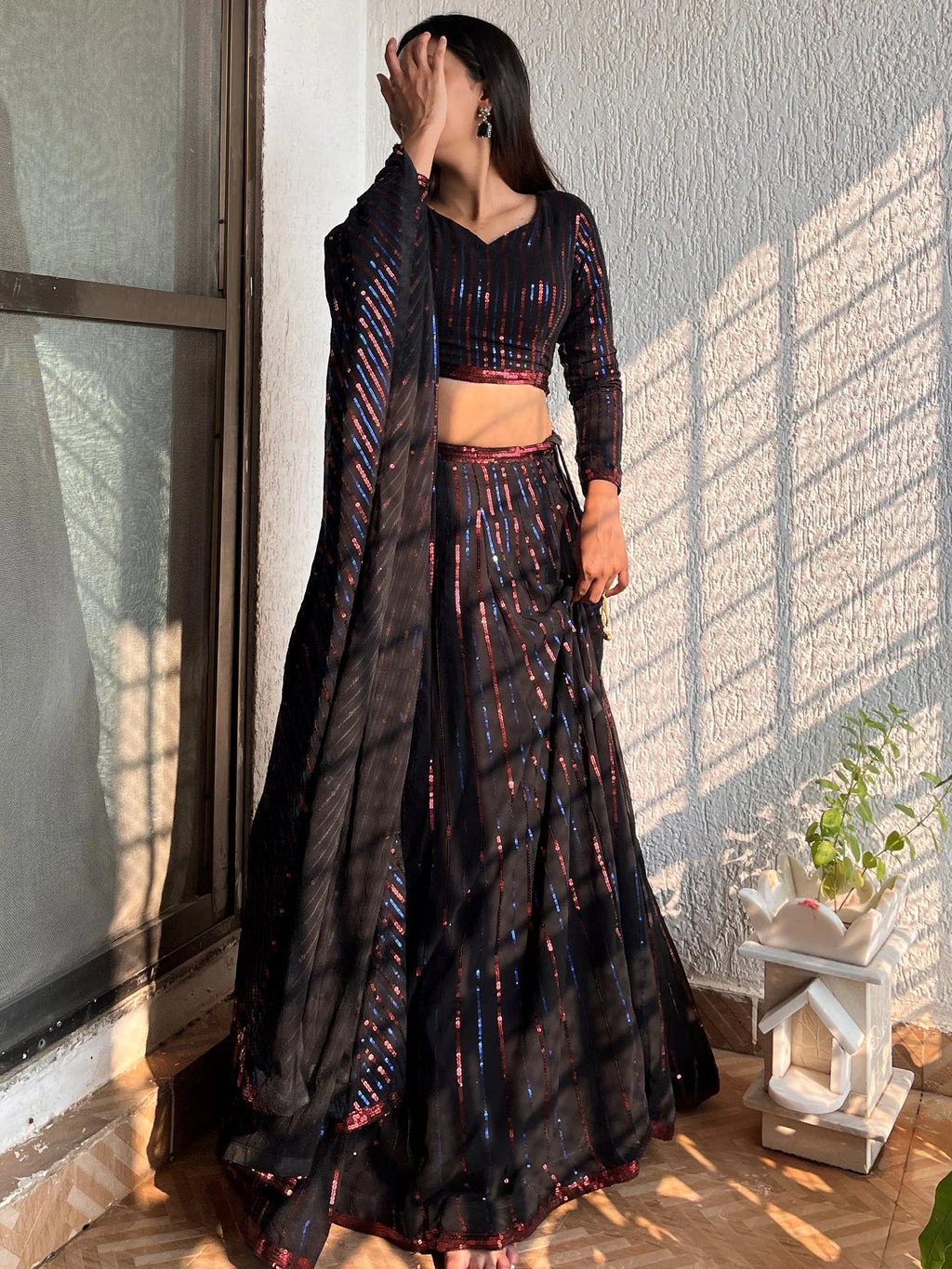 Awesome Black Sequins Georgette Festival Wear Plus Size Lehenga Choli