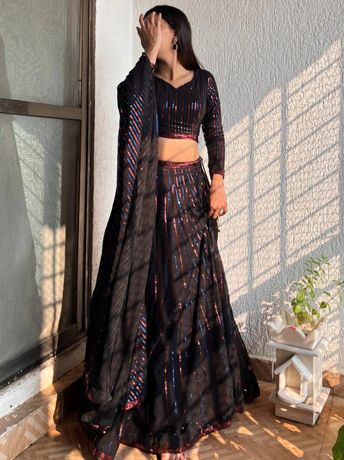 Awesome Black Sequins Georgette Festival Wear Plus Size Lehenga Choli