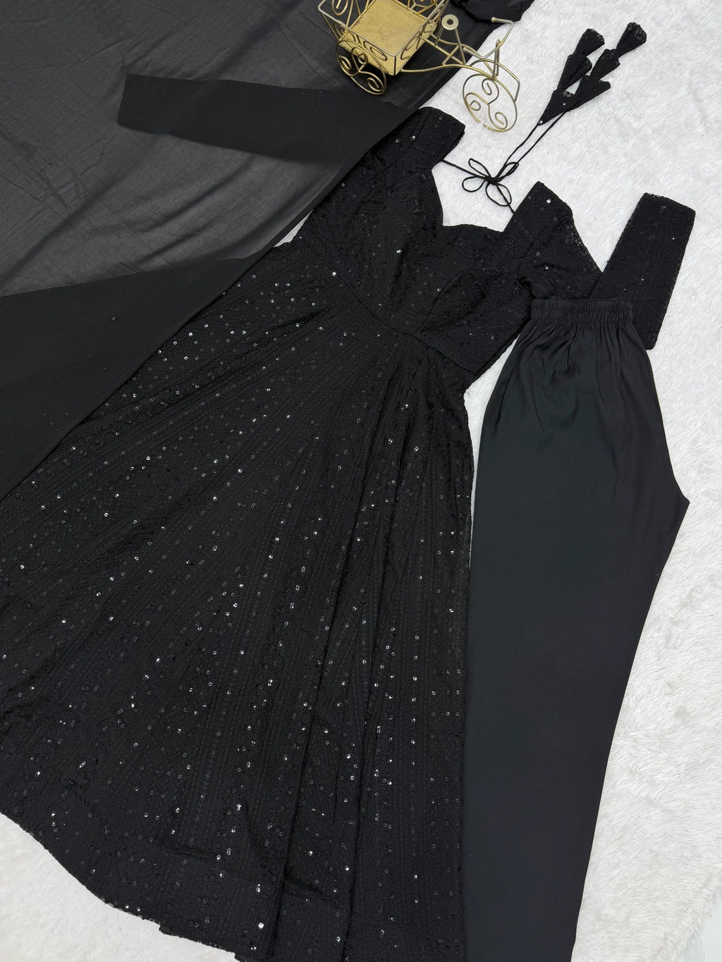 Black Amazeballs Thread Work Georgette Wedding Wear Anarkali Pant Suit