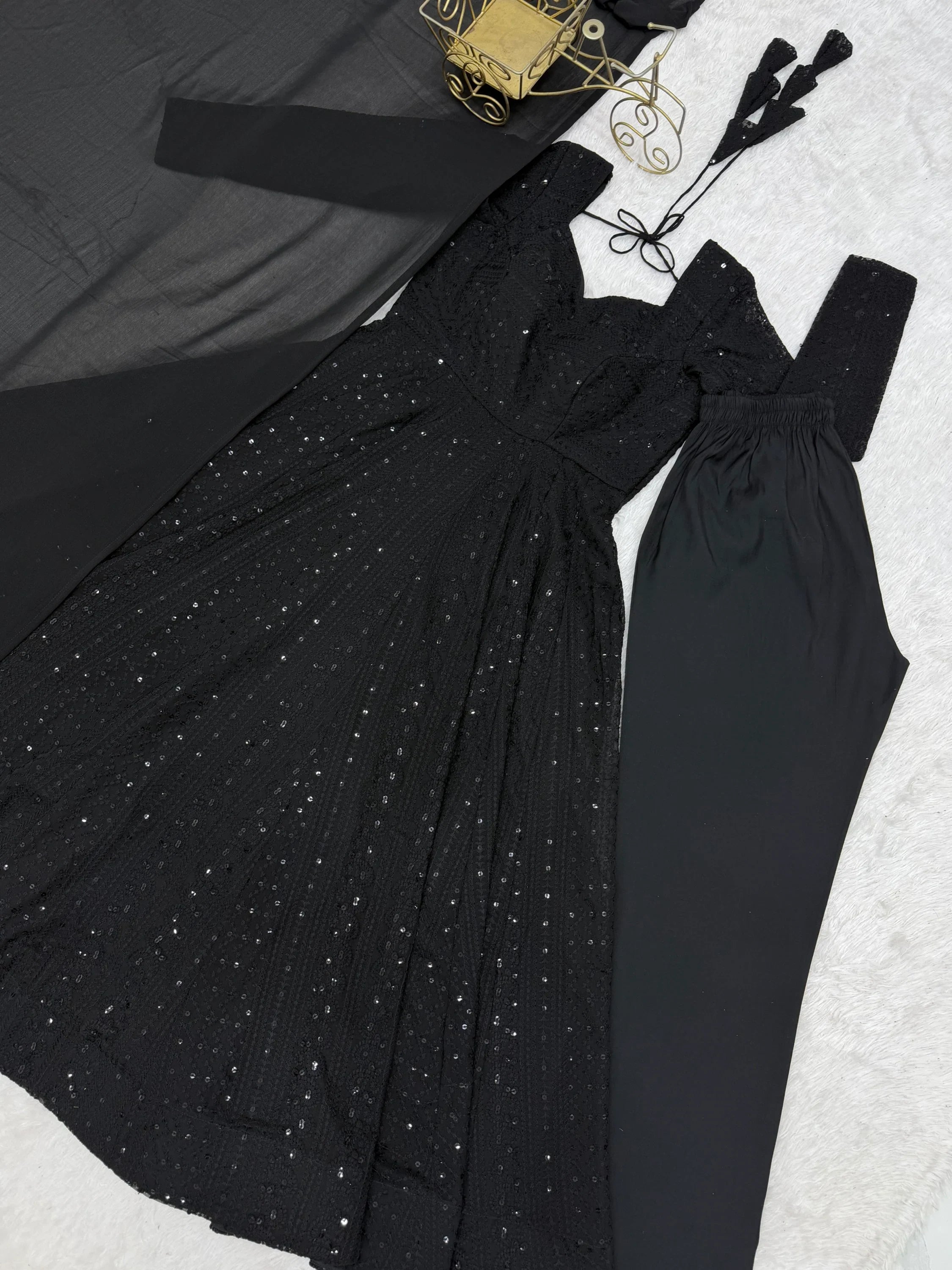 Black Amazeballs Thread Work Georgette Wedding Wear Anarkali Pant Suit