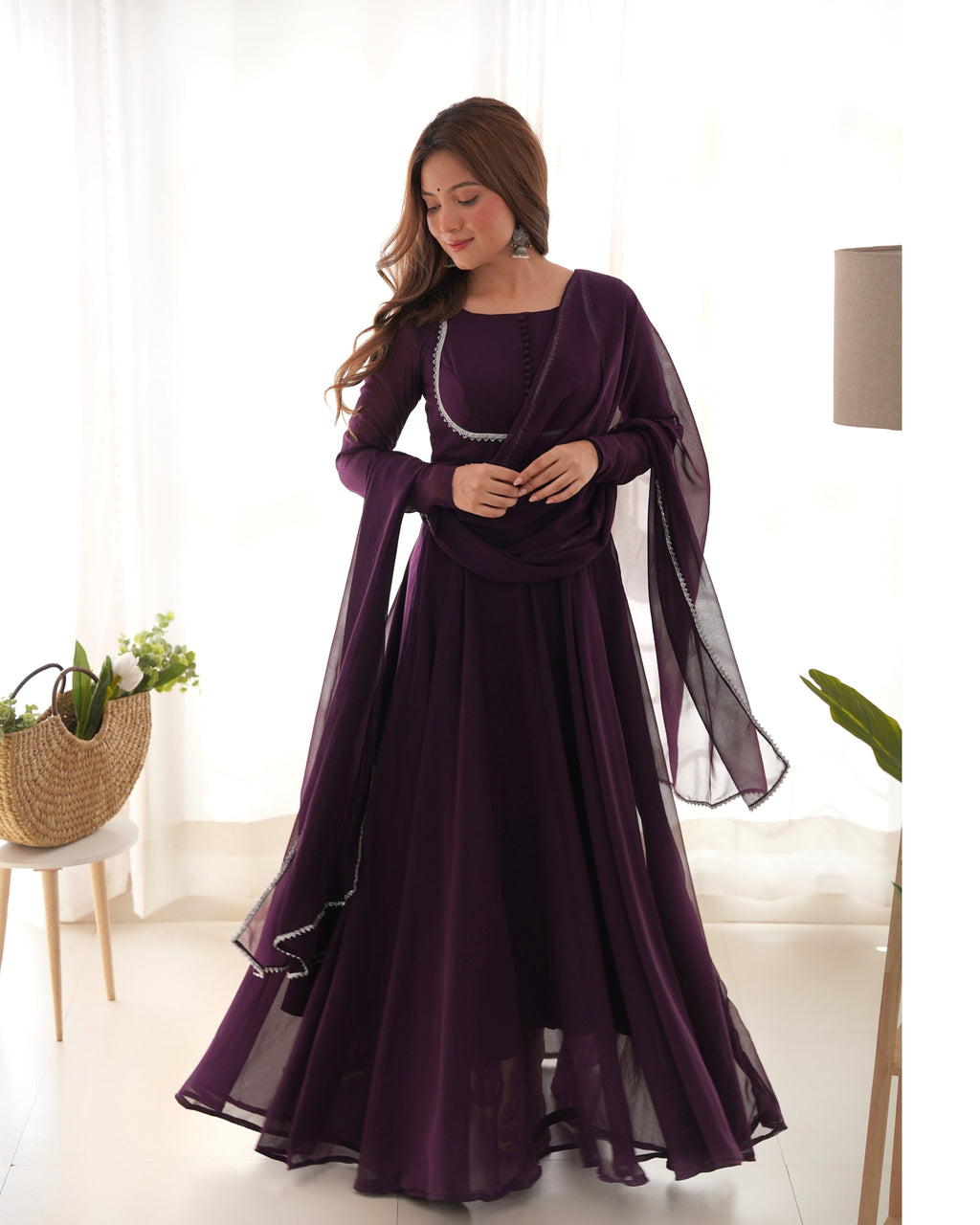 Wine Soft Georgette Anarkali Lehenga Suit with huge flair for festive occasions