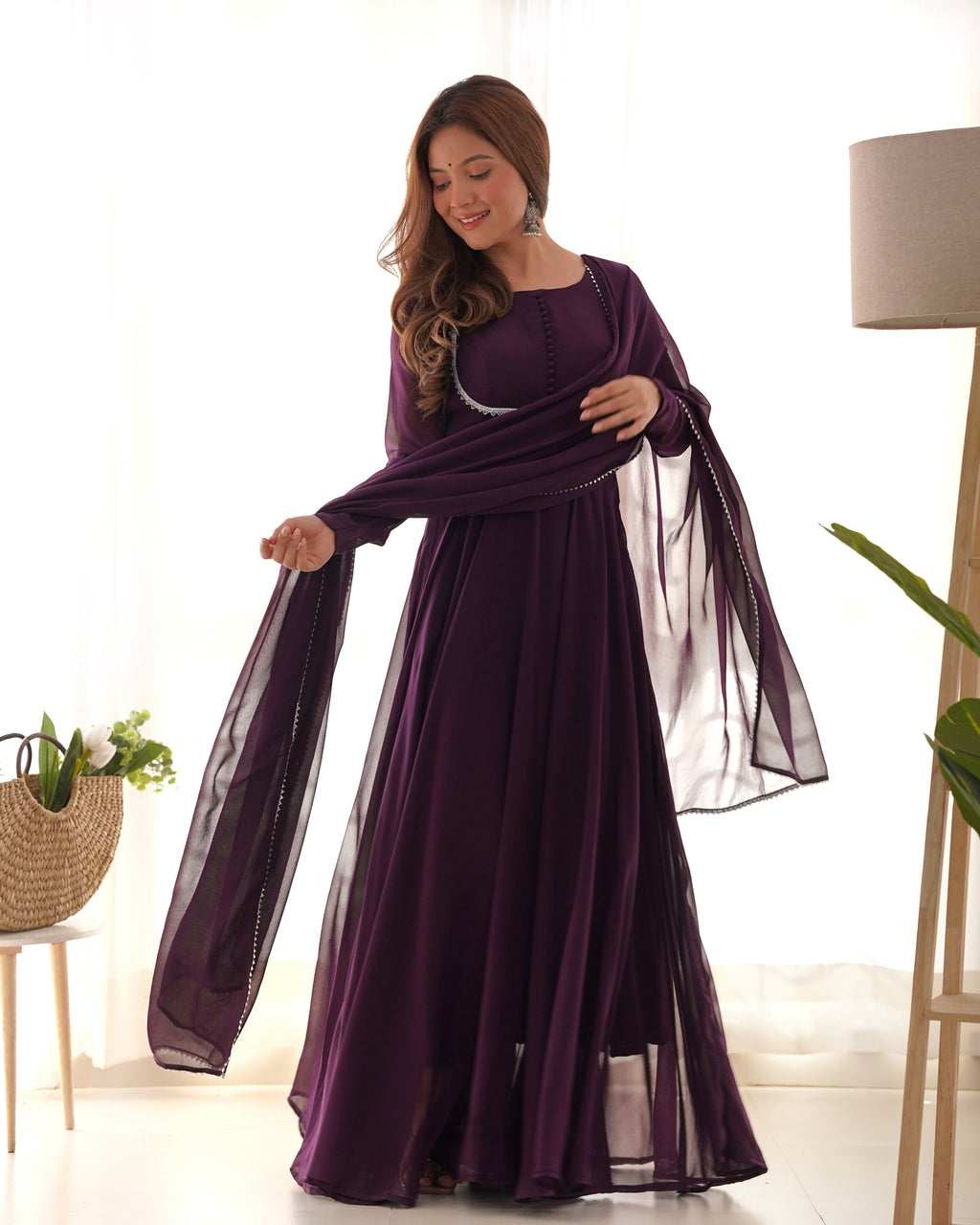 Wine Soft Georgette Anarkali Lehenga Suit with huge flair for festive occasions