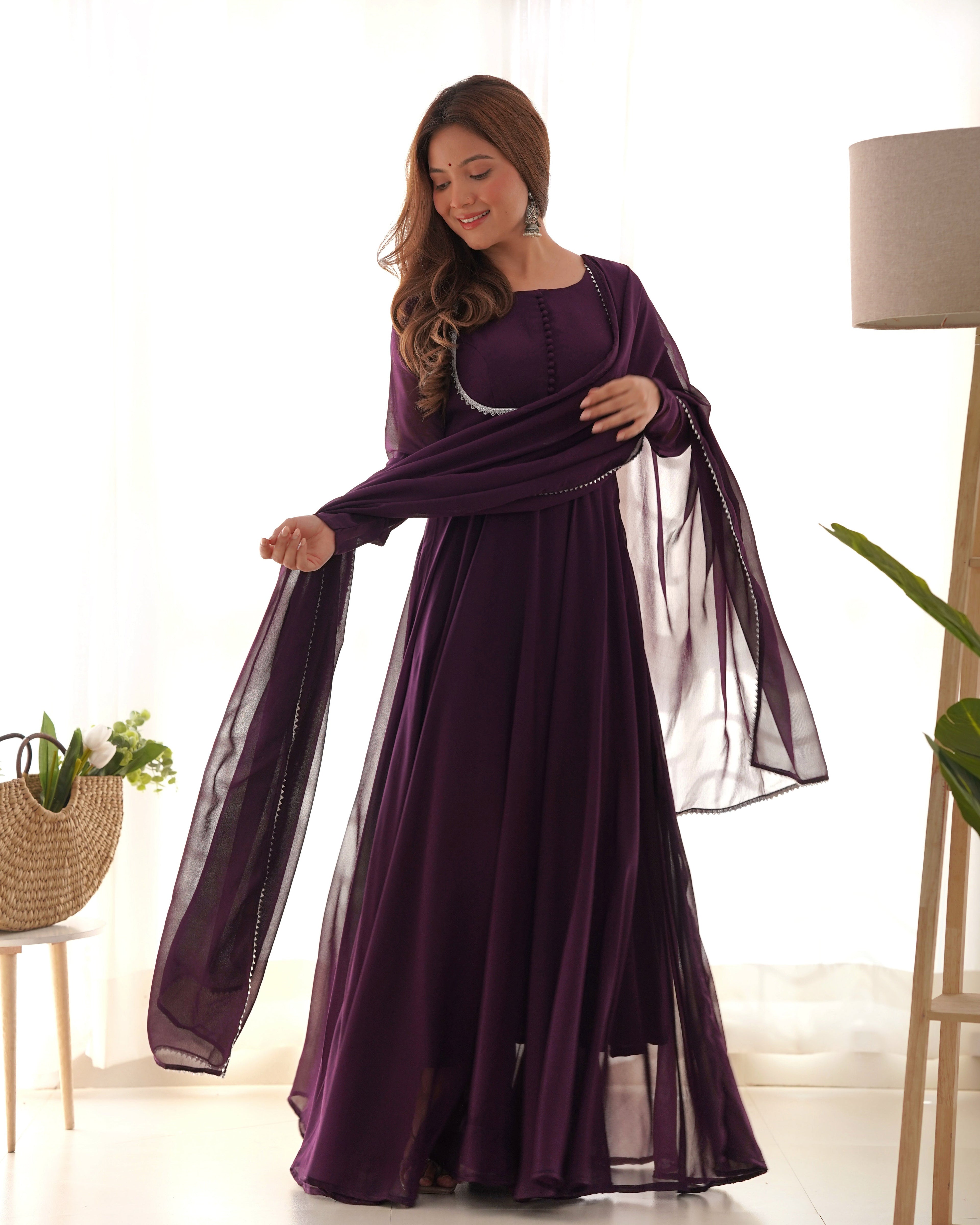 Wine Soft Georgette Anarkali Lehenga Suit with huge flair for festive occasions