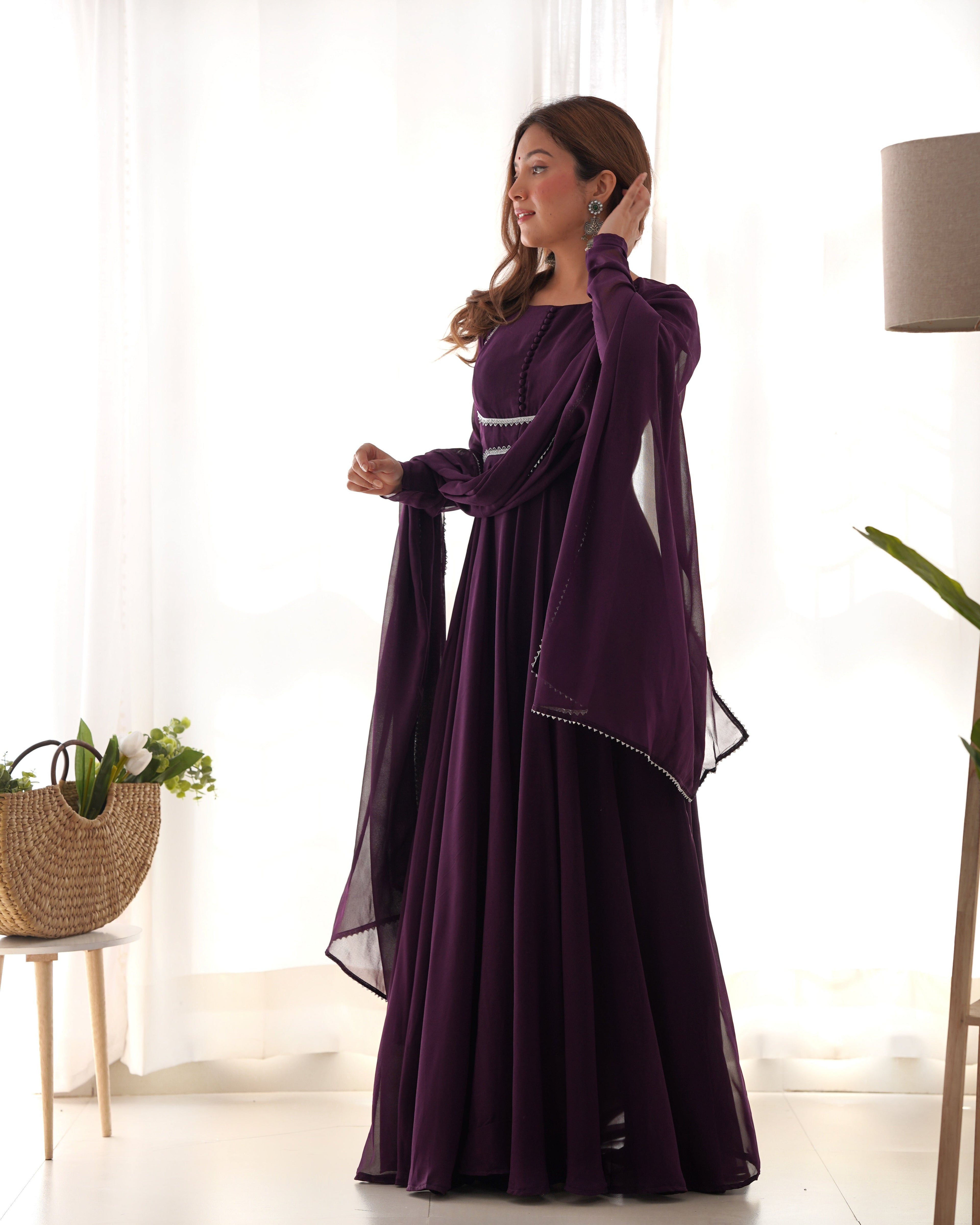 Wine Soft Georgette Anarkali Lehenga Suit with huge flair for festive occasions