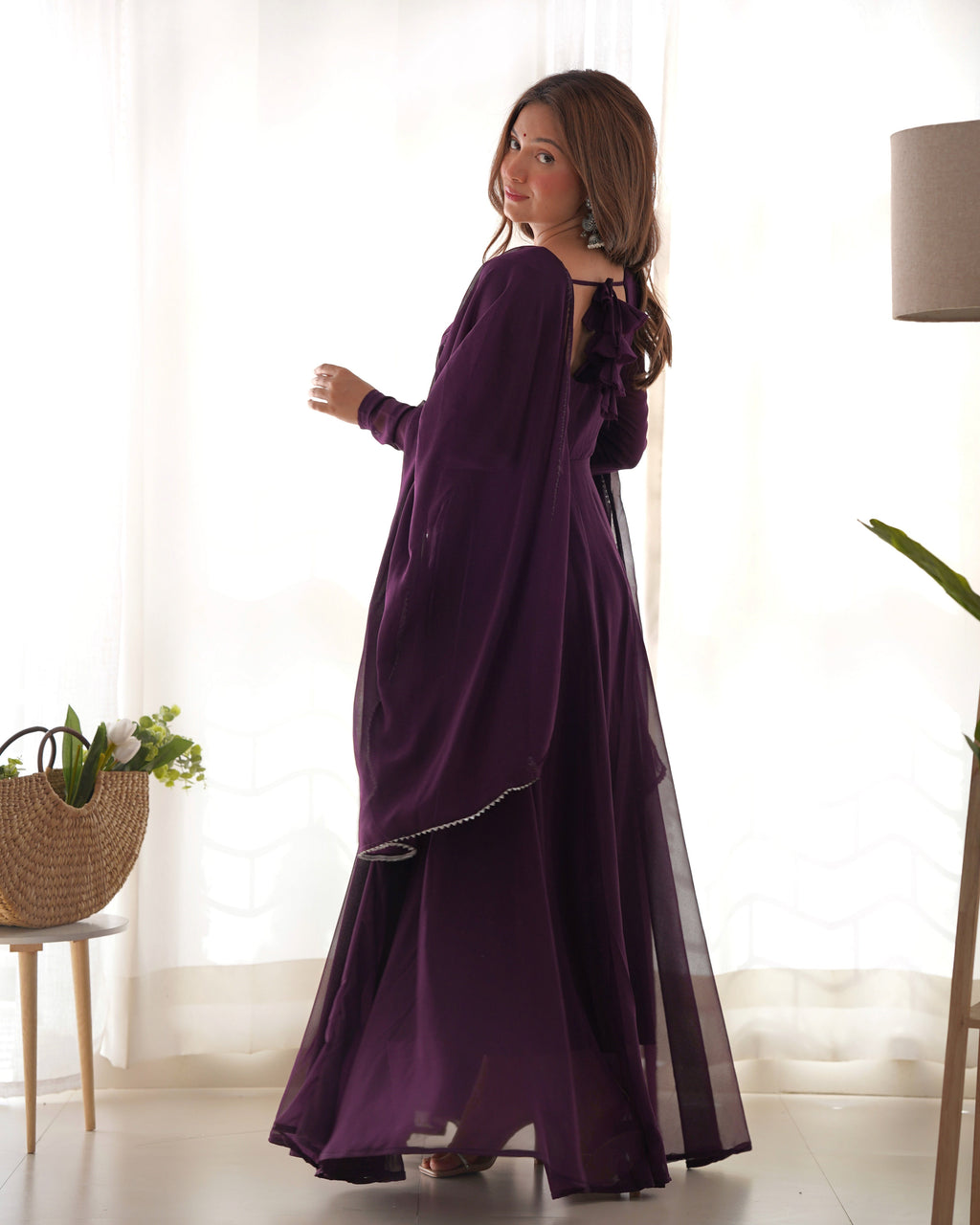 Wine Soft Georgette Anarkali Lehenga Suit with huge flair for festive occasions