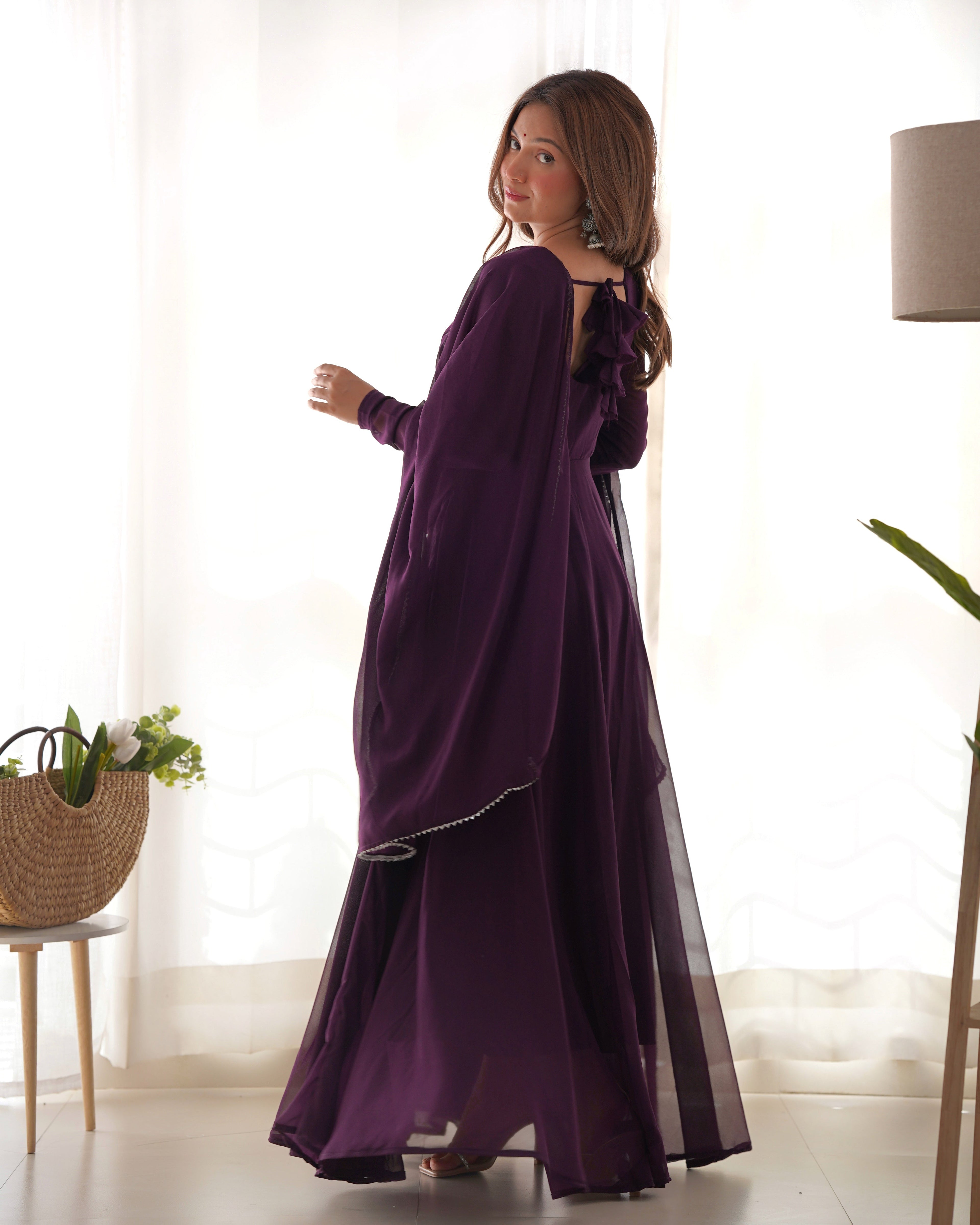 Wine Soft Georgette Anarkali Lehenga Suit with huge flair for festive occasions