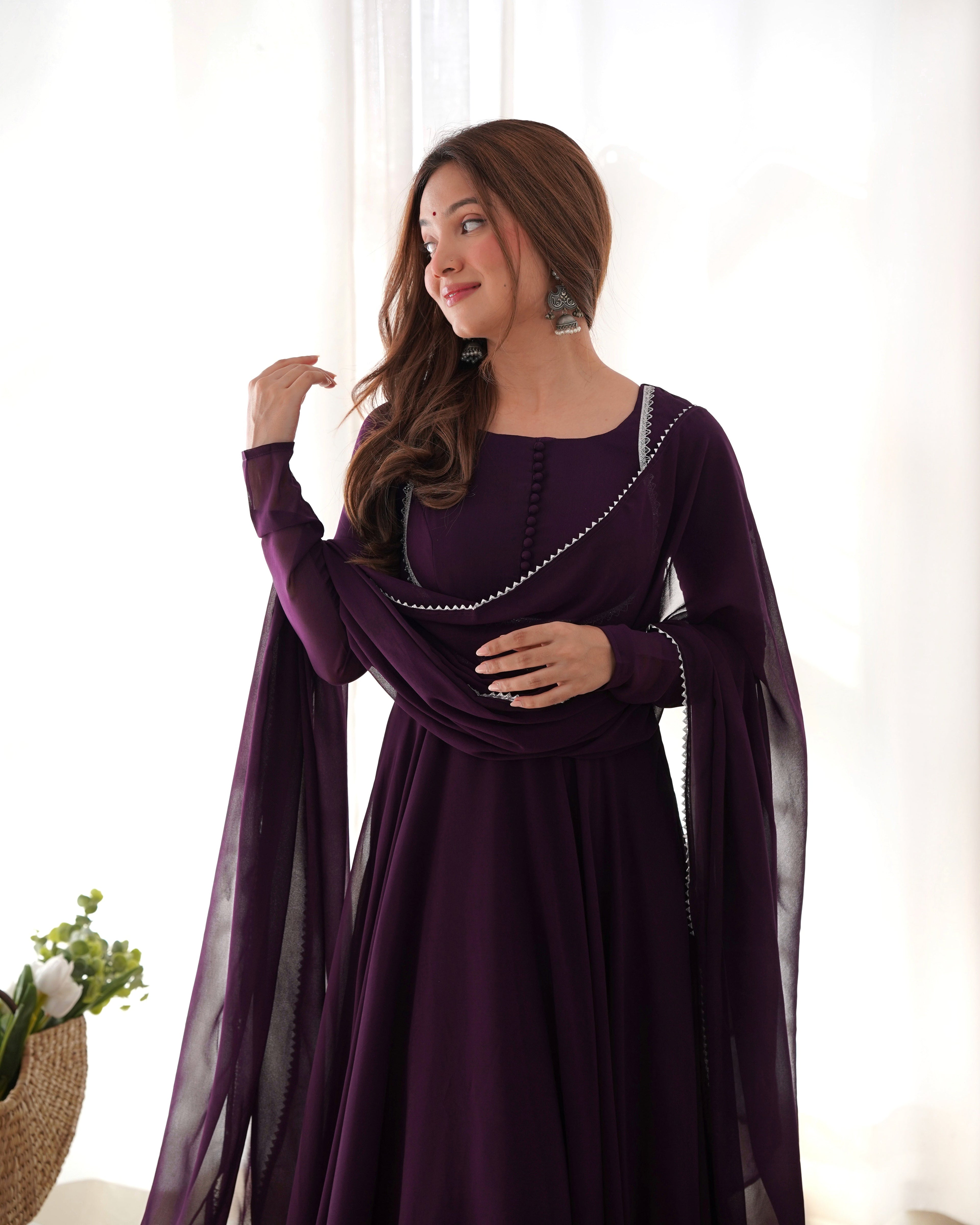 Wine Soft Georgette Anarkali Lehenga Suit with huge flair for festive occasions