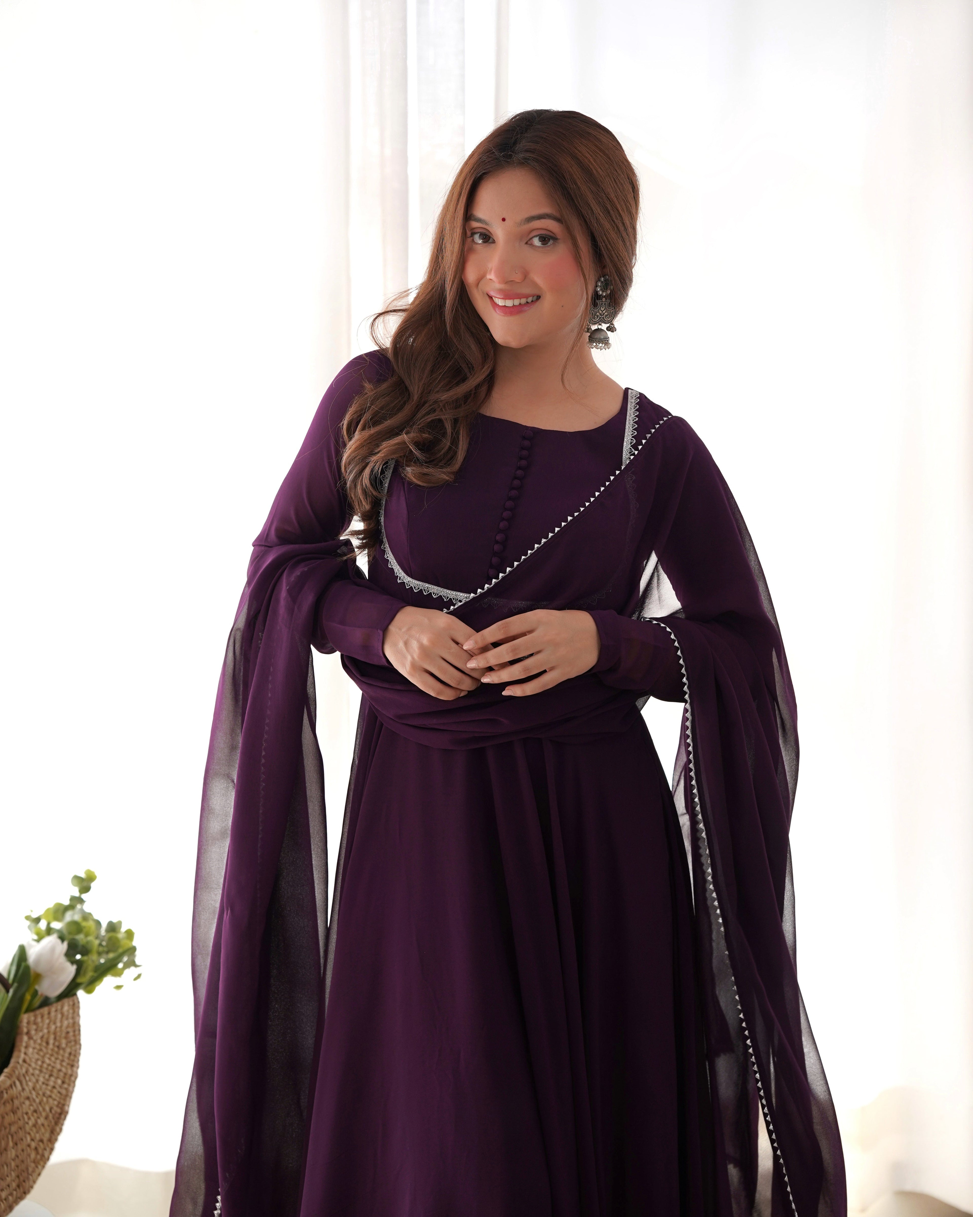 Wine Soft Georgette Anarkali Lehenga Suit with huge flair for festive occasions