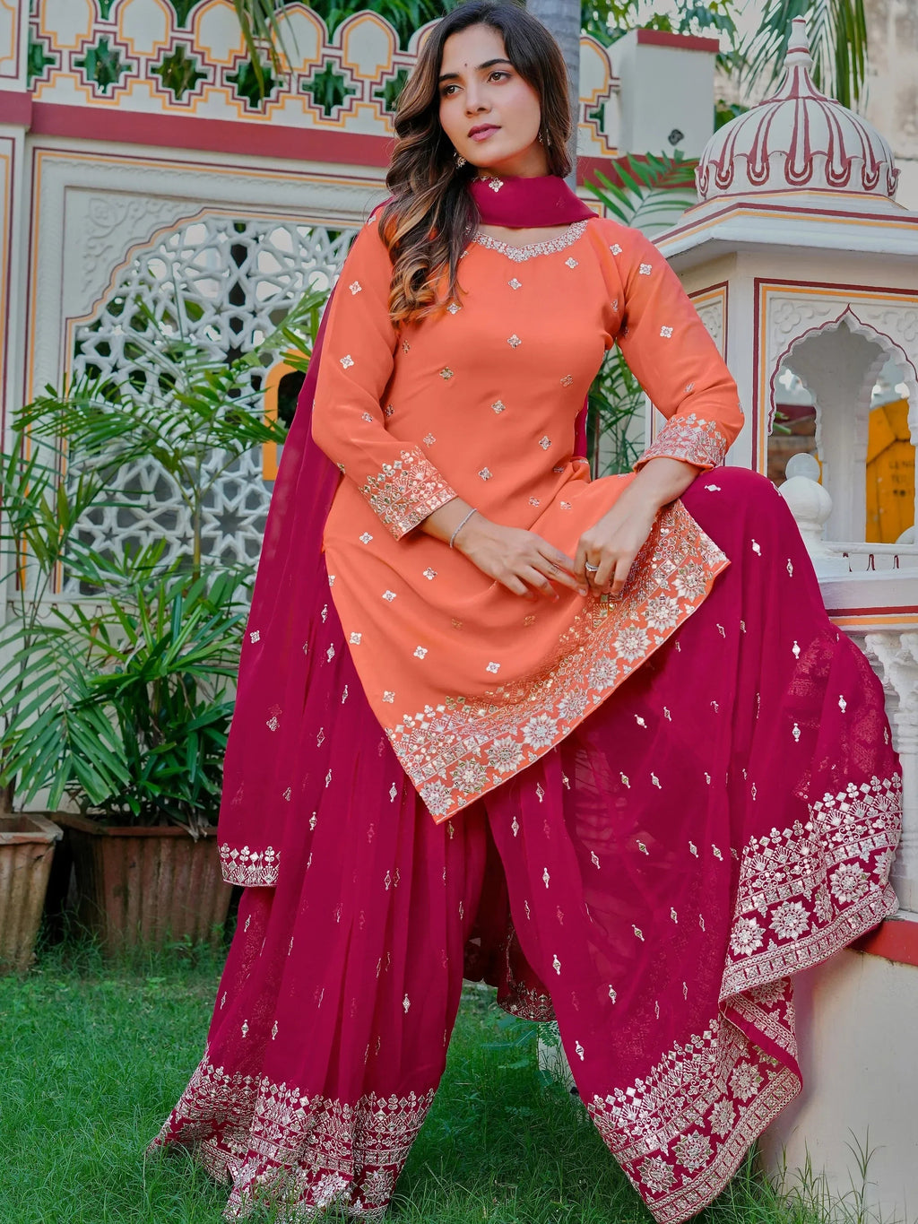 Dazzling Orange Embroidered Georgette Festival Wear Palazzo Suit