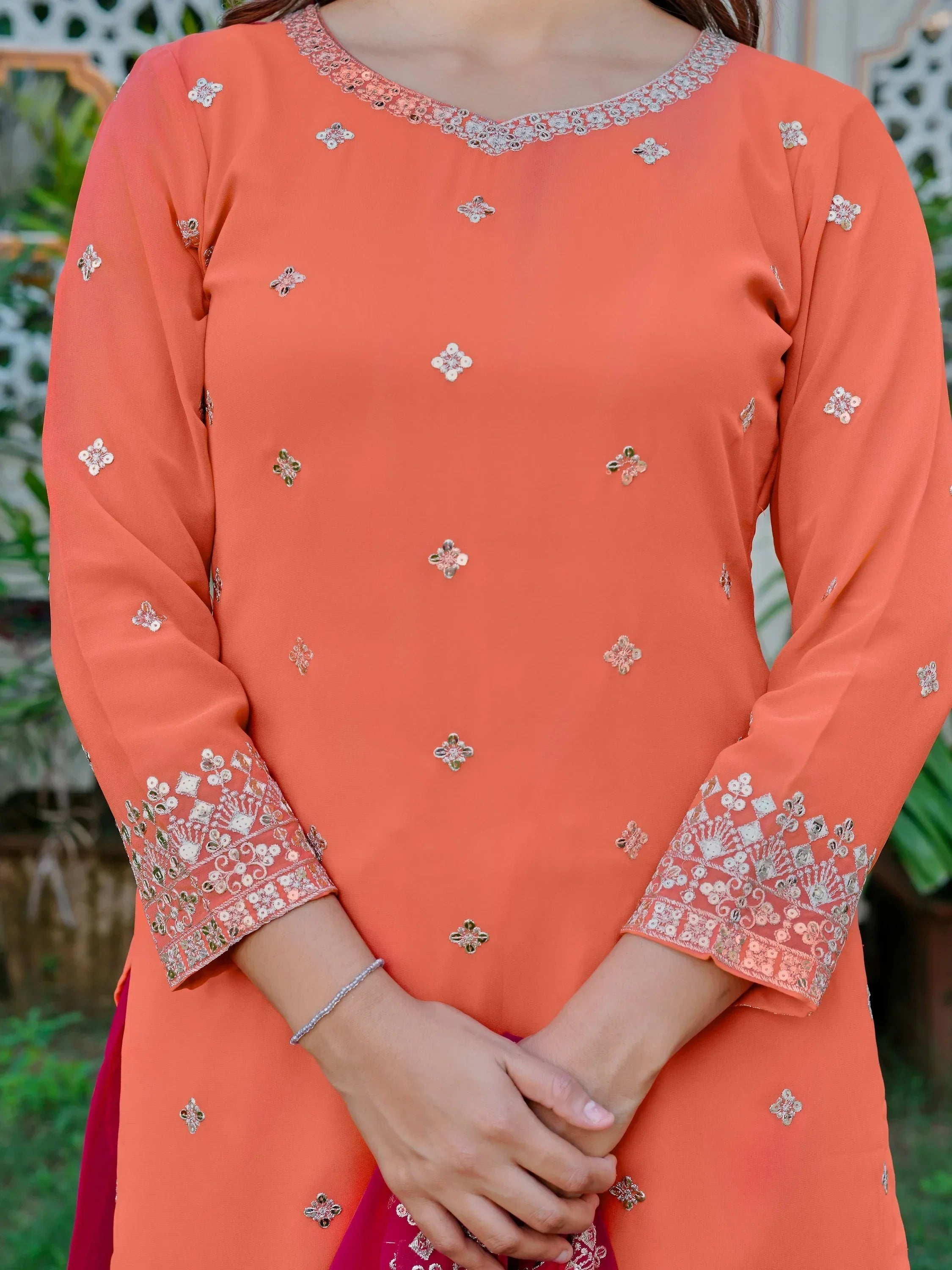 Dazzling Orange Embroidered Georgette Festival Wear Palazzo Suit