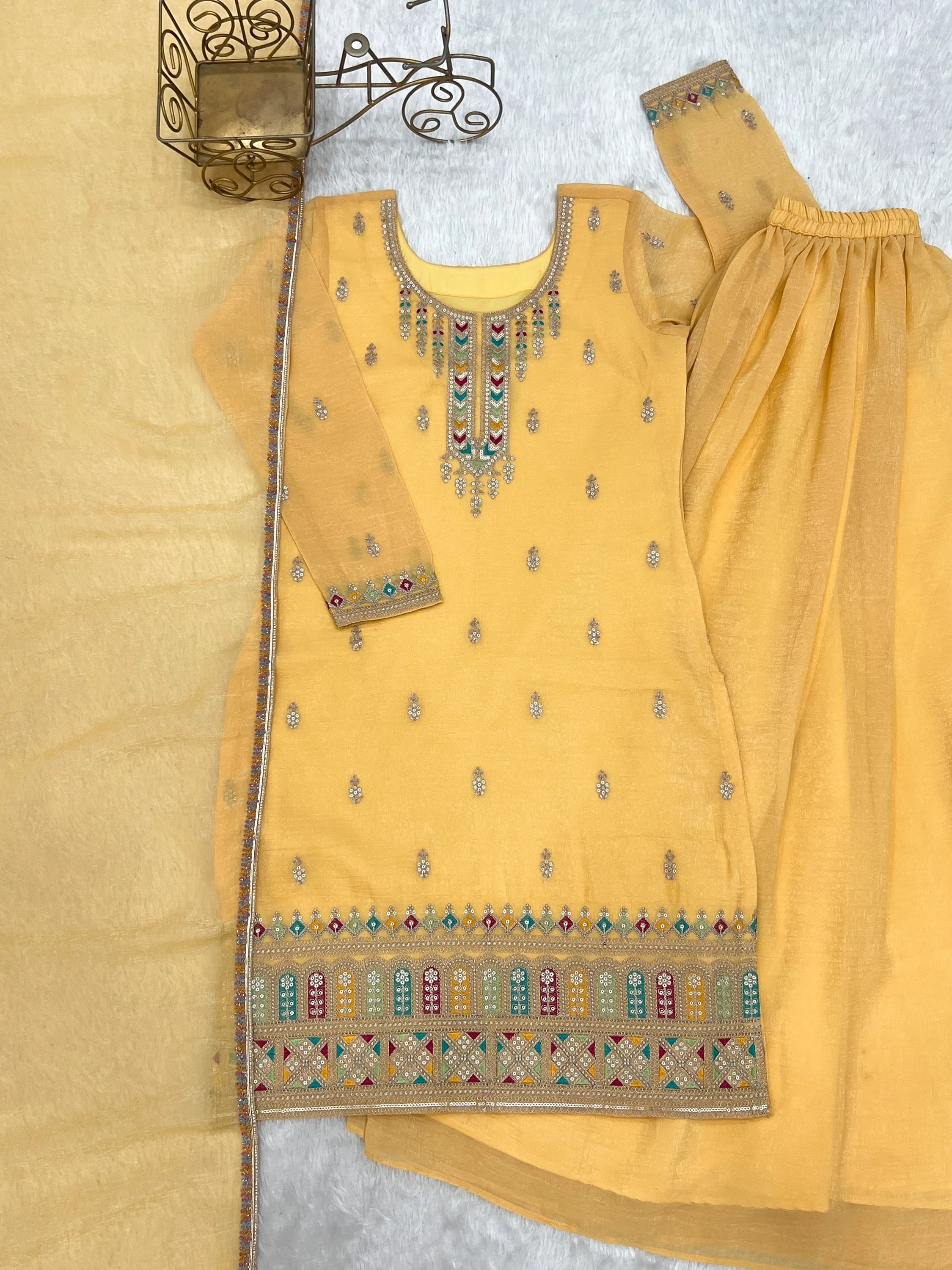 Superb Yellow Dori Embroidered Silk Haldi Wear Sharara Suit
