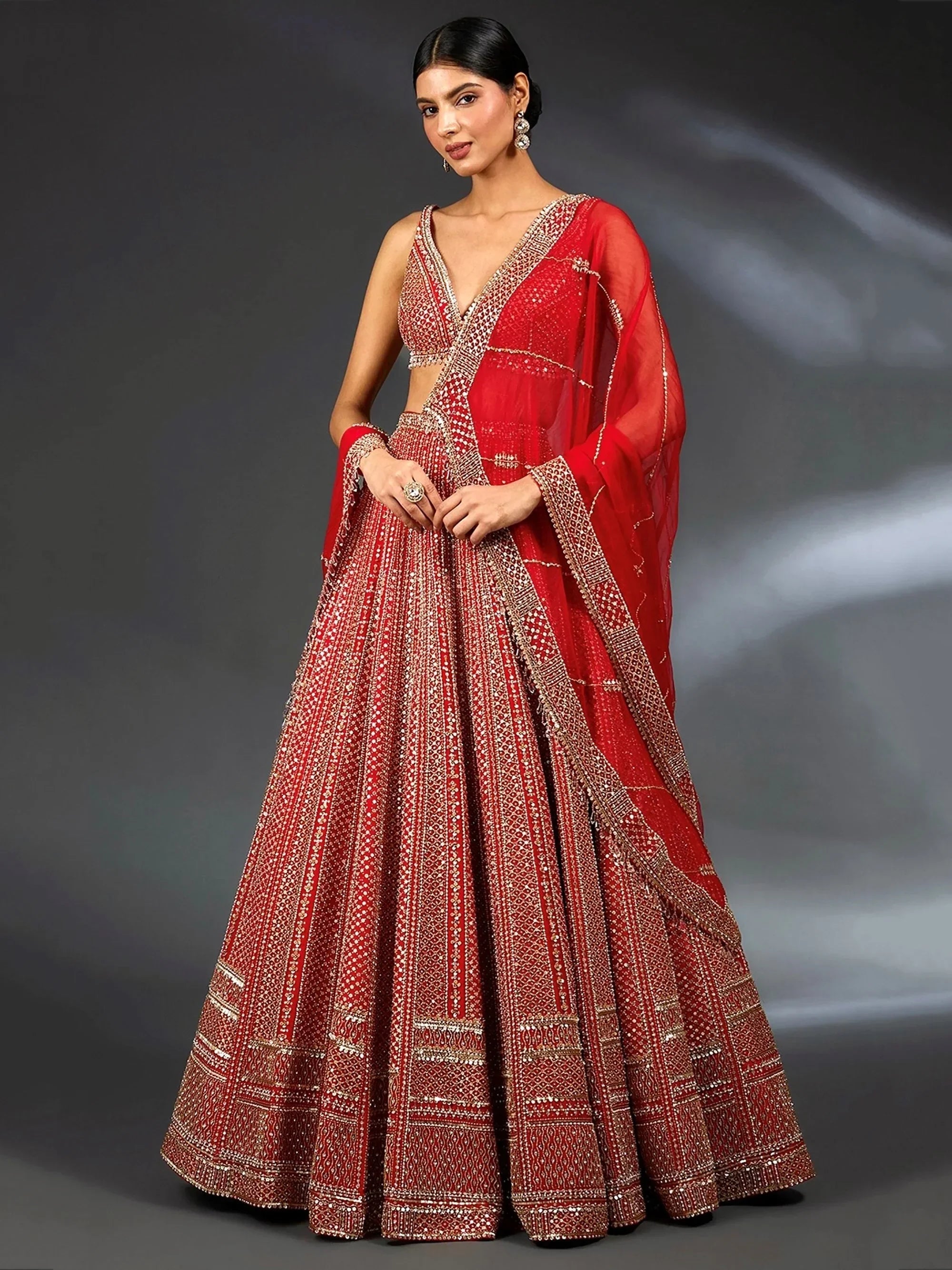 Lavishing Red Thread Embroidered Satin Wedding Wear Lehenga Choli