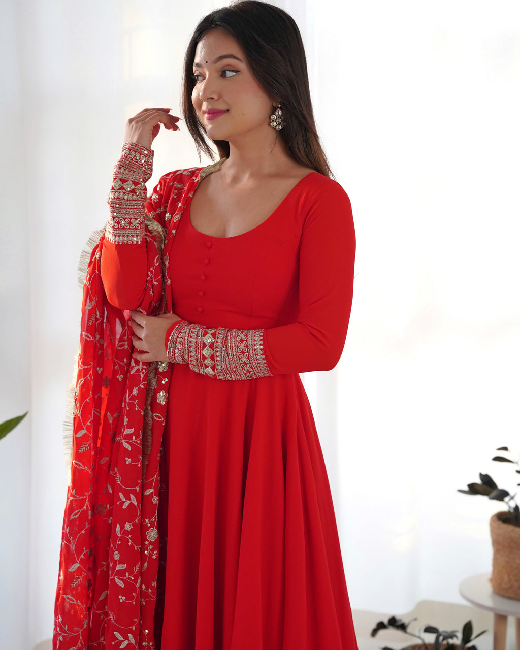 Red Pure Soft Georgette Anarkali Suit Set with Huge Flair & Dupatta for Festivals