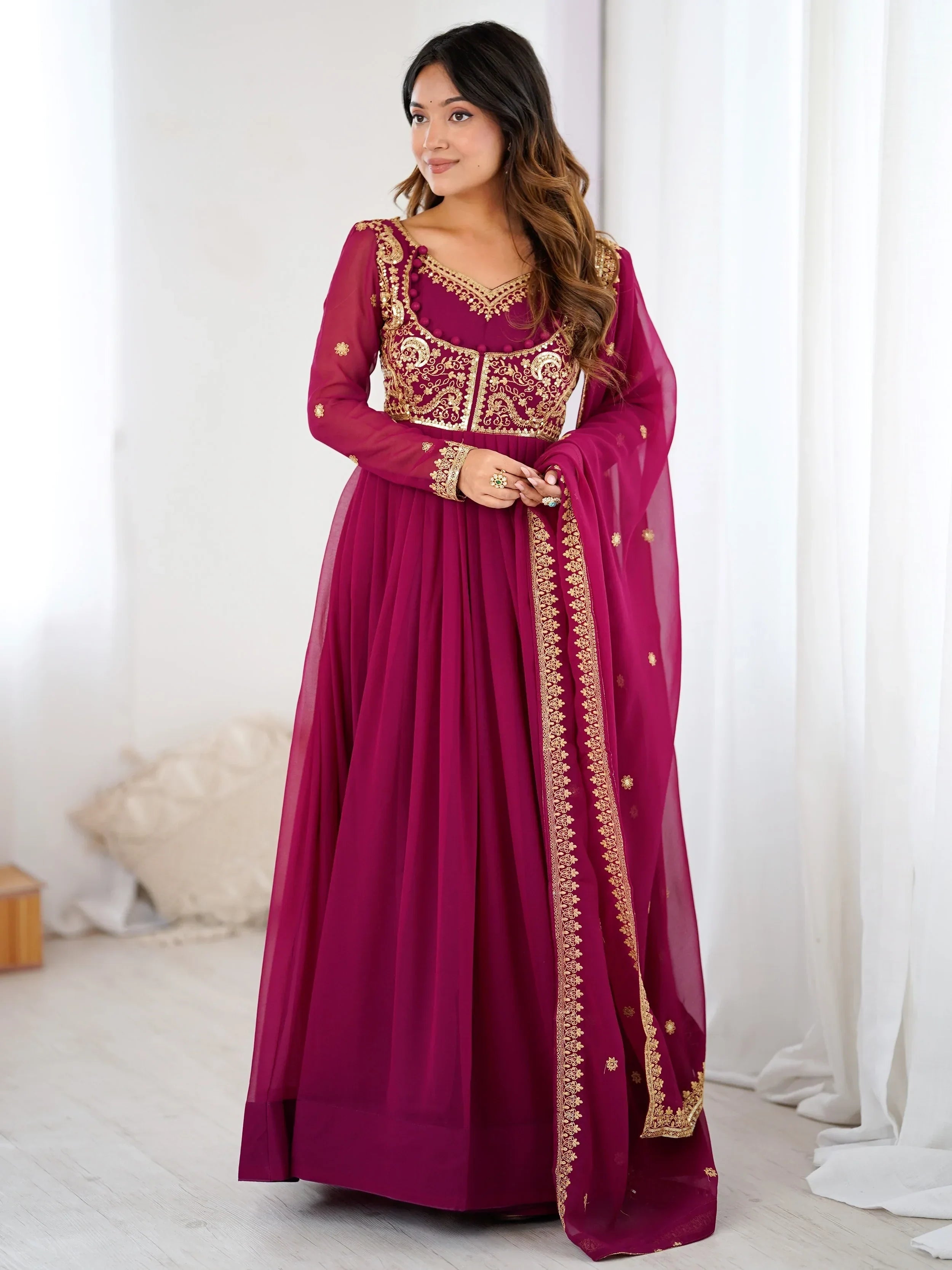 Pink Beautiful Dori Work Georgette Festival Wear Gown With Dupatta
