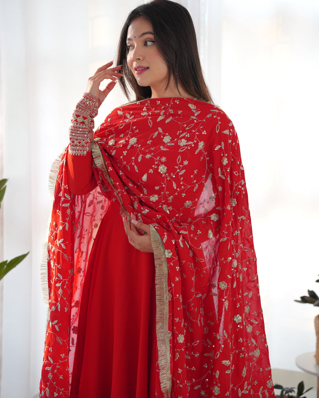 Red Pure Soft Georgette Anarkali Suit Set with Huge Flair & Dupatta for Festivals