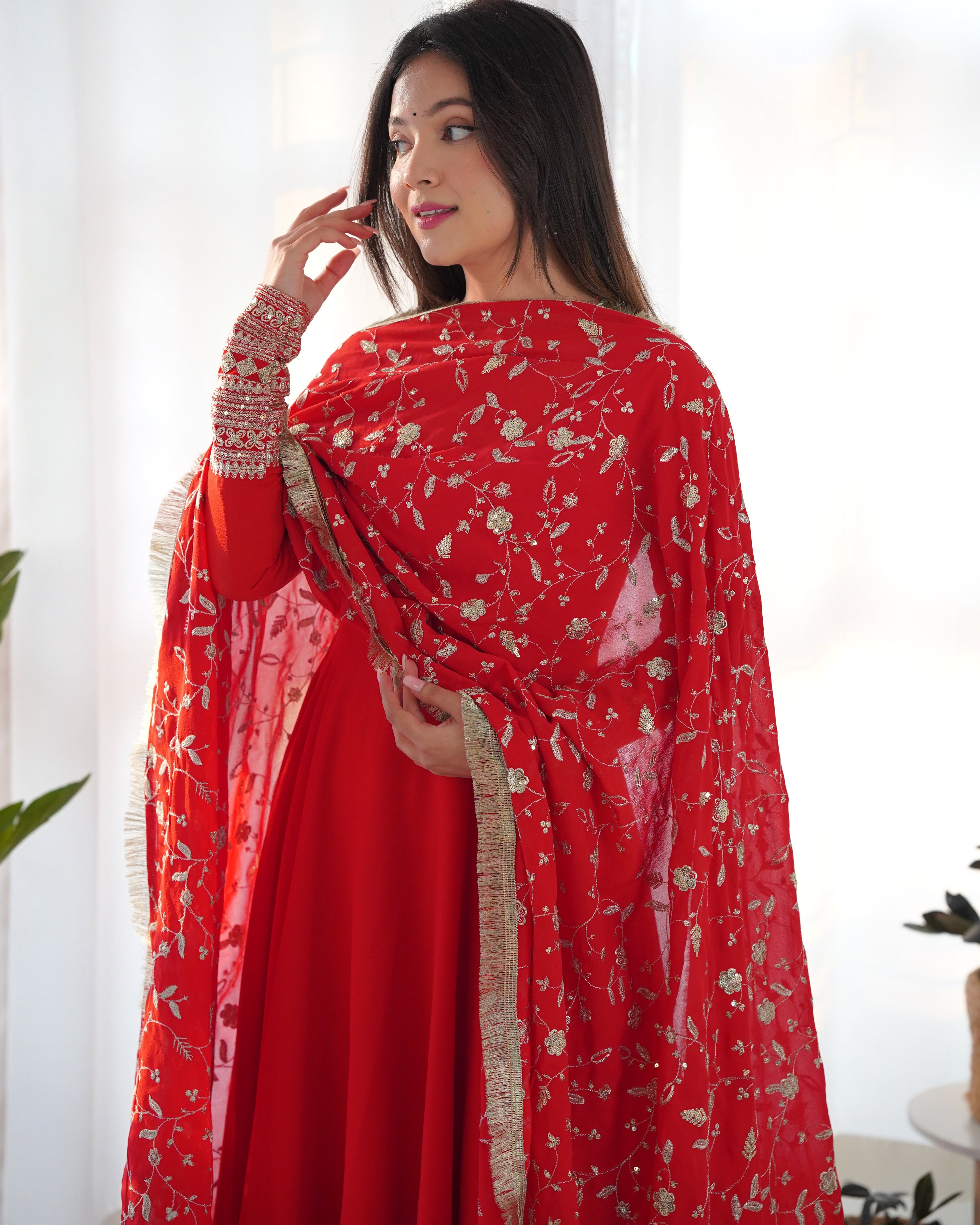 Red Pure Soft Georgette Anarkali Suit Set with Huge Flair & Dupatta for Festivals