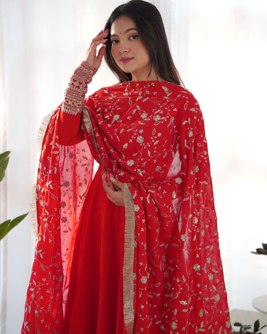 Red Pure Soft Georgette Anarkali Suit Set with Huge Flair & Dupatta for Festivals