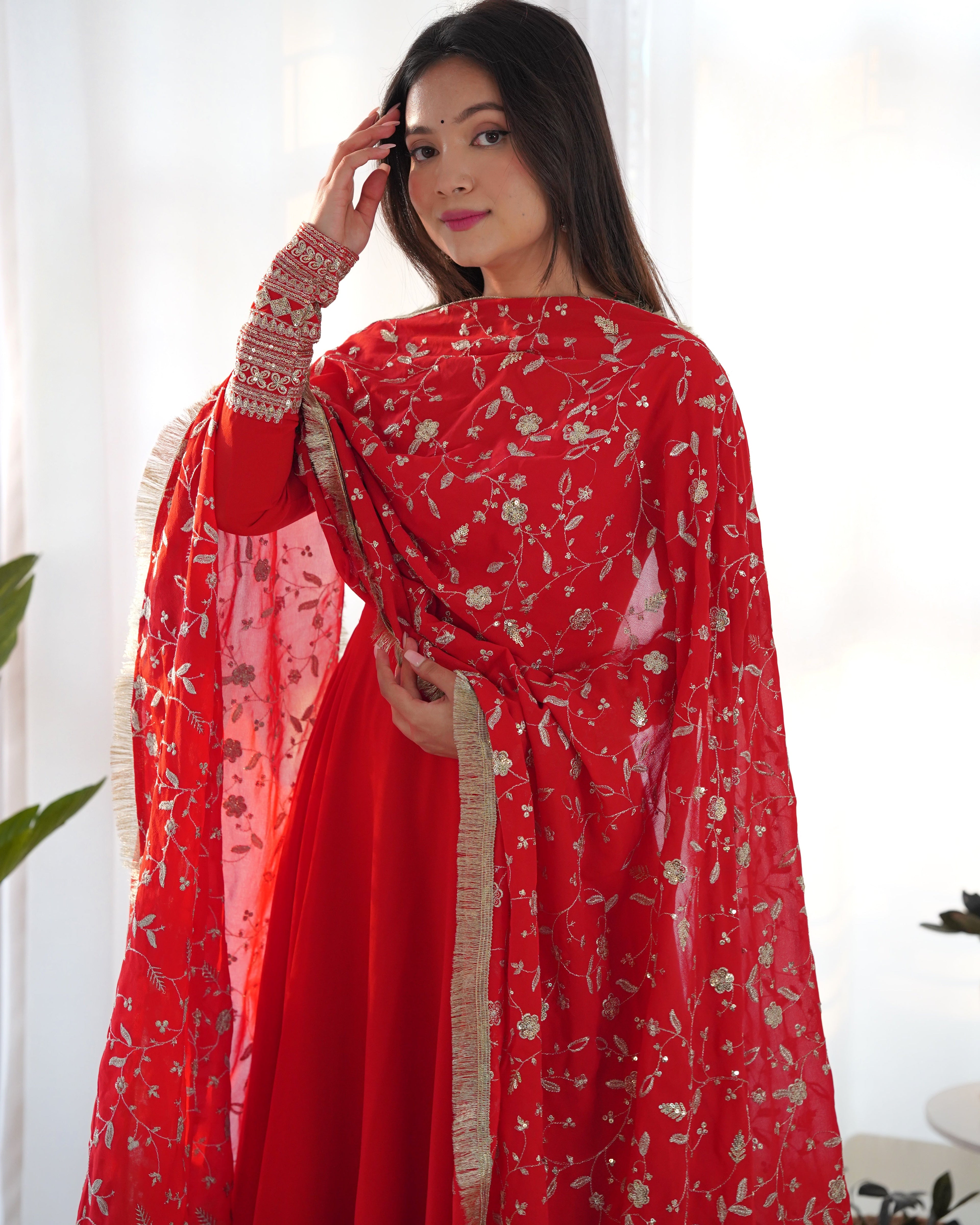 Red Pure Soft Georgette Anarkali Suit Set with Huge Flair & Dupatta for Festivals