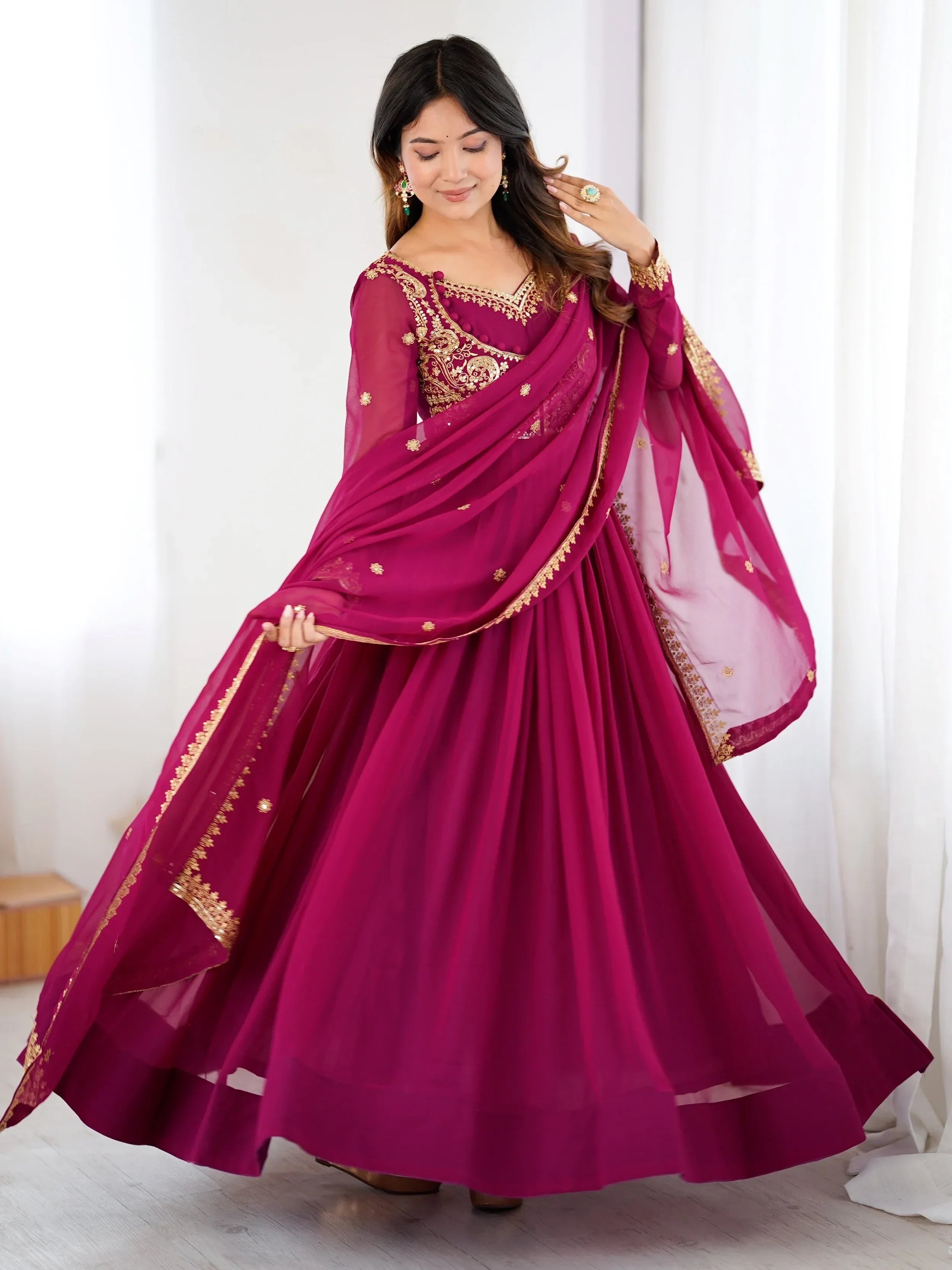 Pink Beautiful Dori Work Georgette Festival Wear Gown With Dupatta