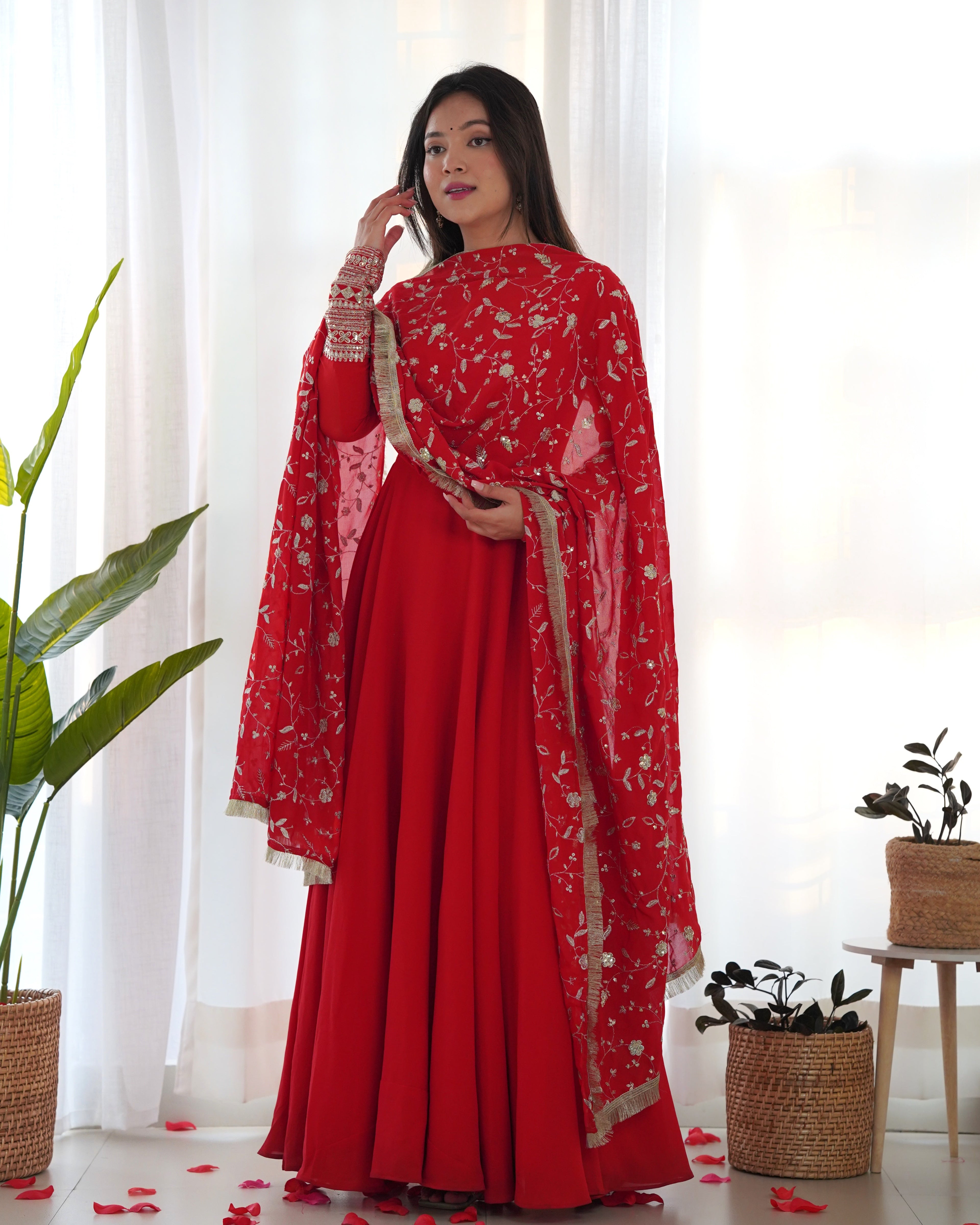 Red Pure Soft Georgette Anarkali Suit Set with Huge Flair & Dupatta for Festivals