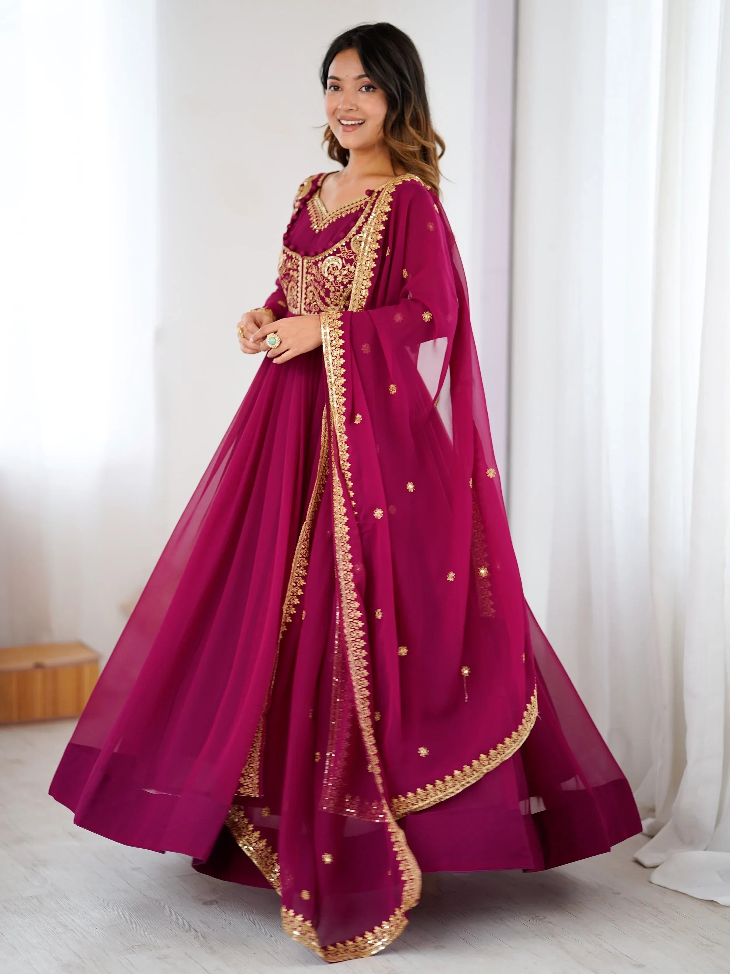 Pink Beautiful Dori Work Georgette Festival Wear Gown With Dupatta