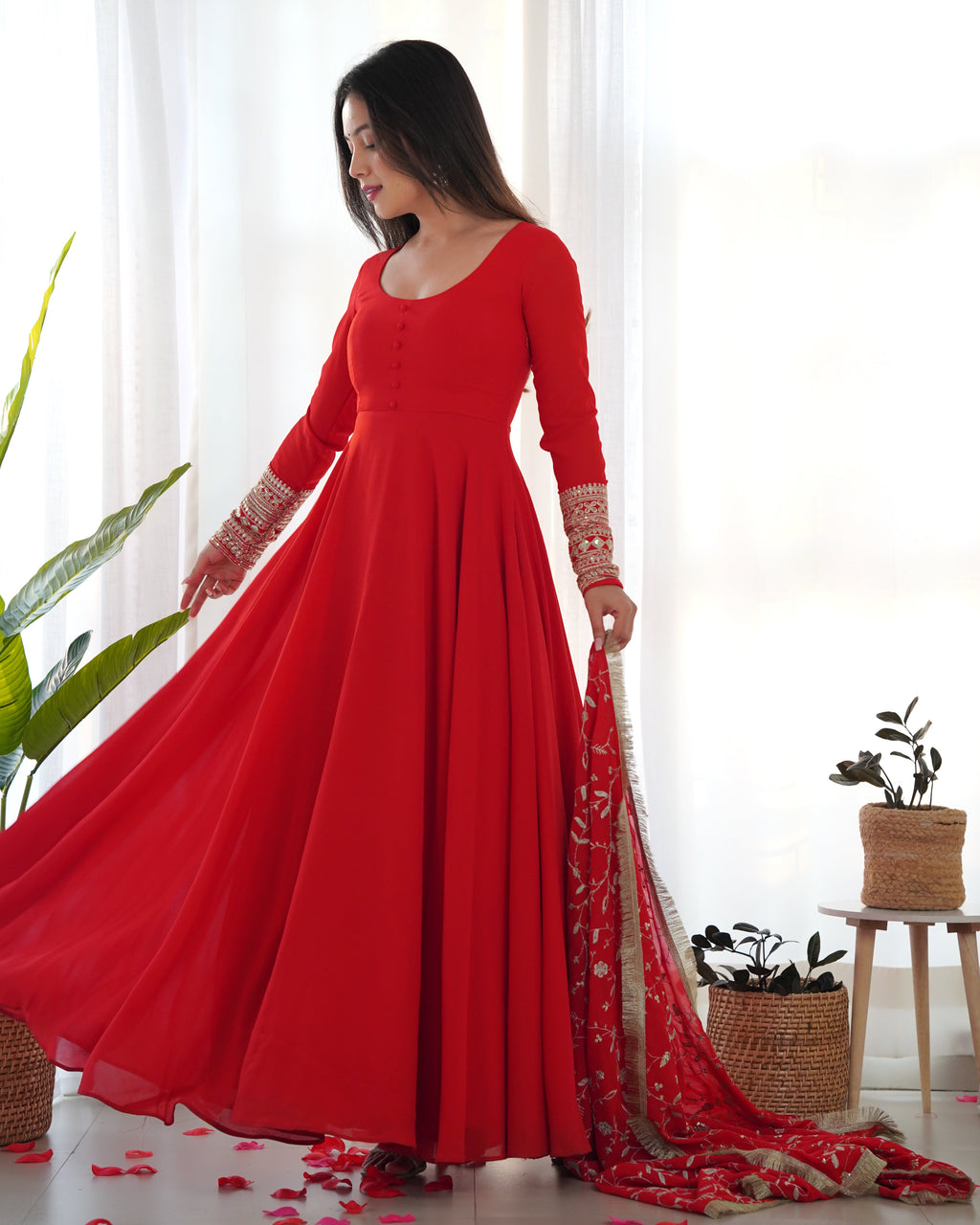 Red Pure Soft Georgette Anarkali Suit Set with Huge Flair & Dupatta for Festivals