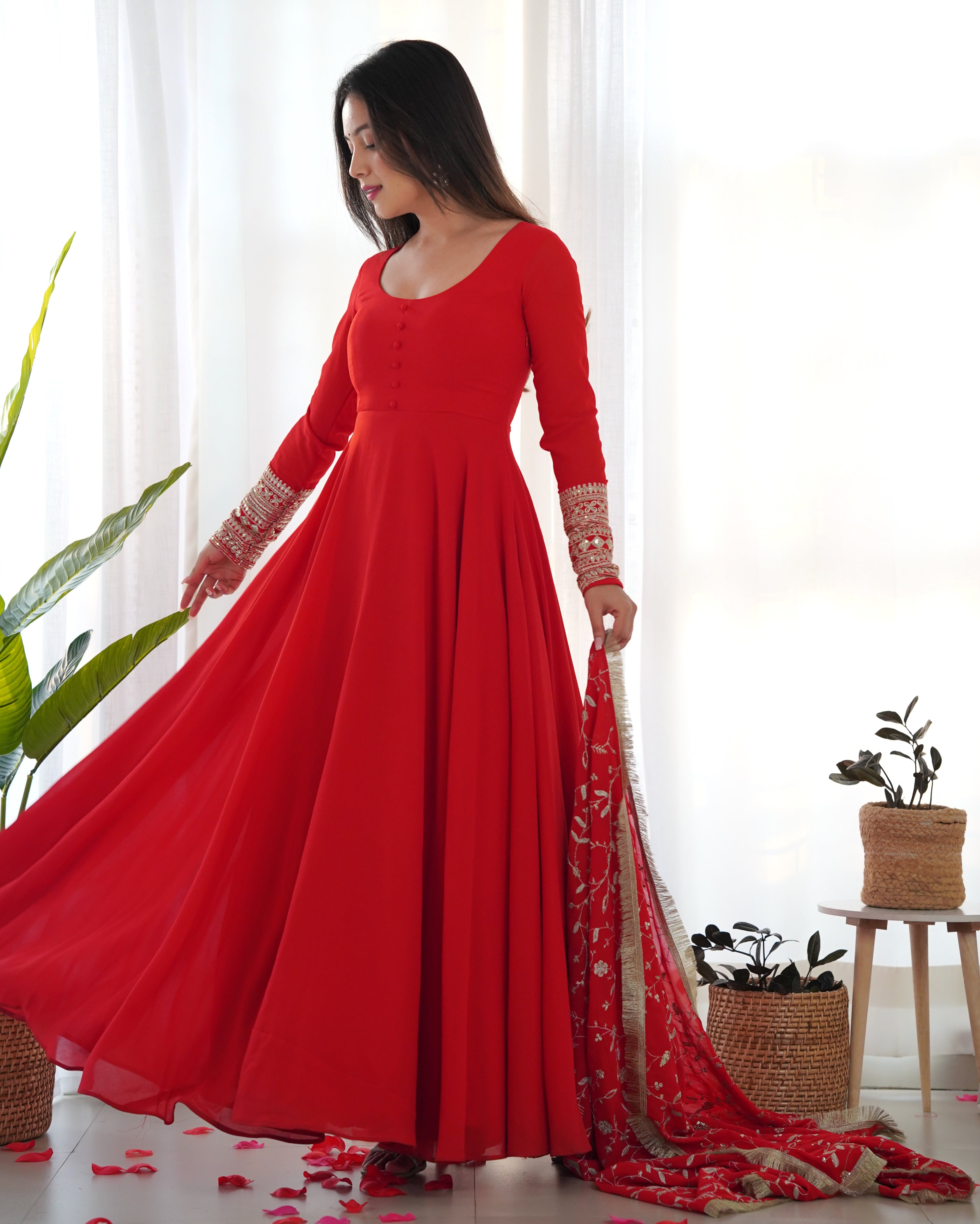 Red Pure Soft Georgette Anarkali Suit Set with Huge Flair & Dupatta for Festivals