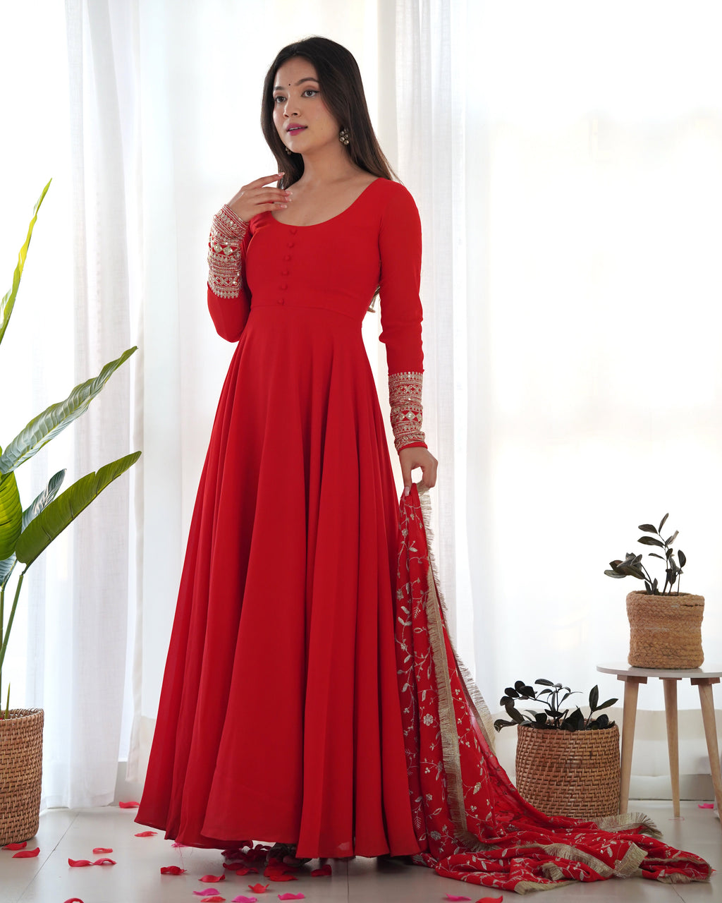 Red Pure Soft Georgette Anarkali Suit Set with Huge Flair & Dupatta for Festivals