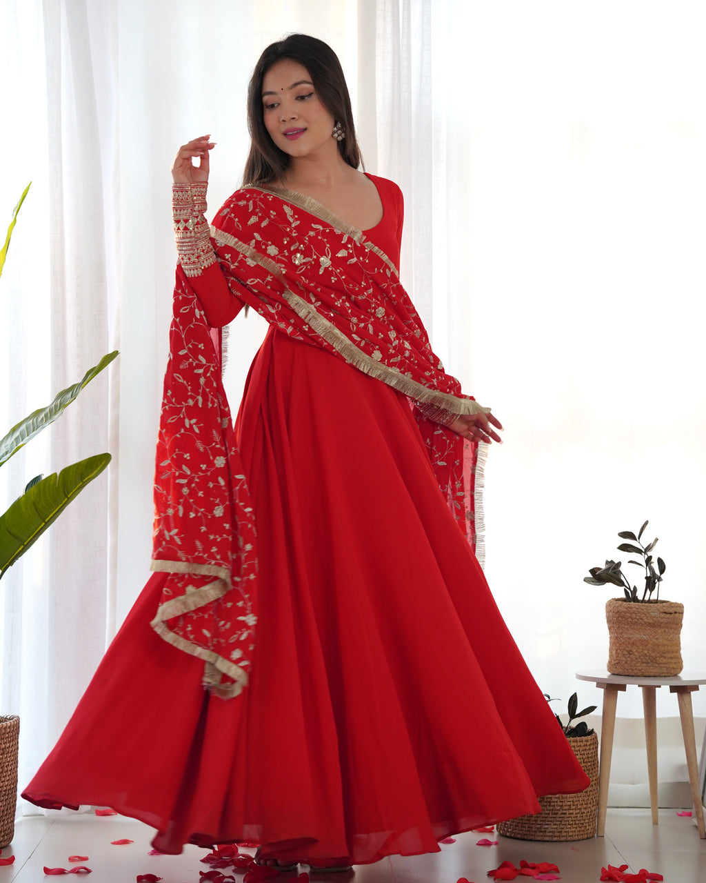Red Pure Soft Georgette Anarkali Suit Set with Huge Flair & Dupatta for Festivals