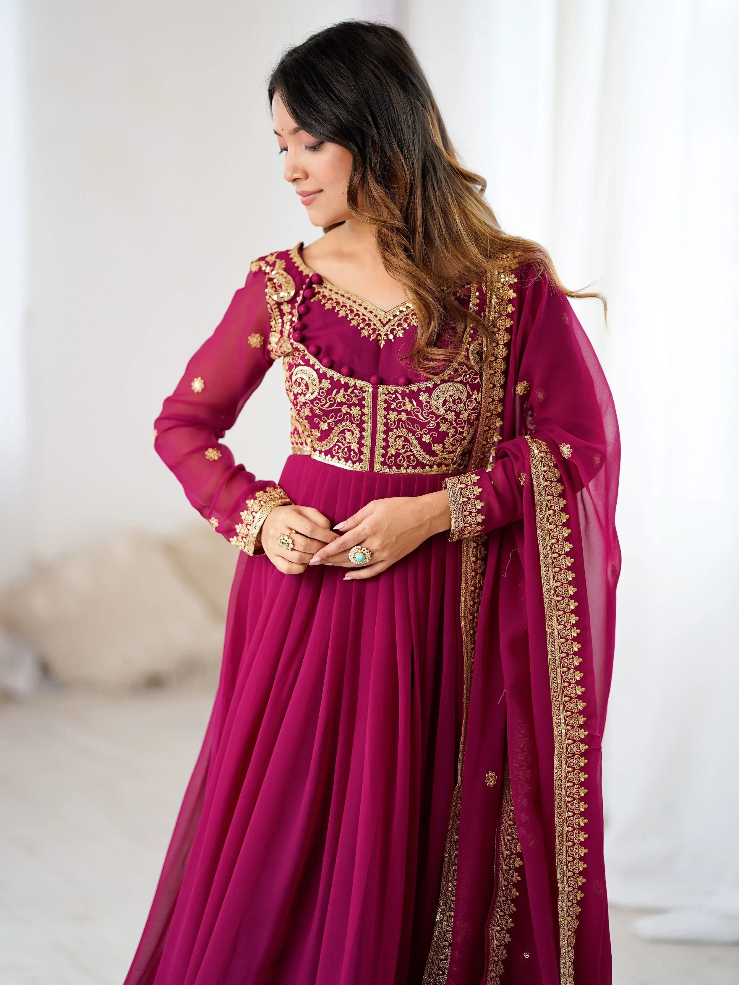 Pink Beautiful Dori Work Georgette Festival Wear Gown With Dupatta