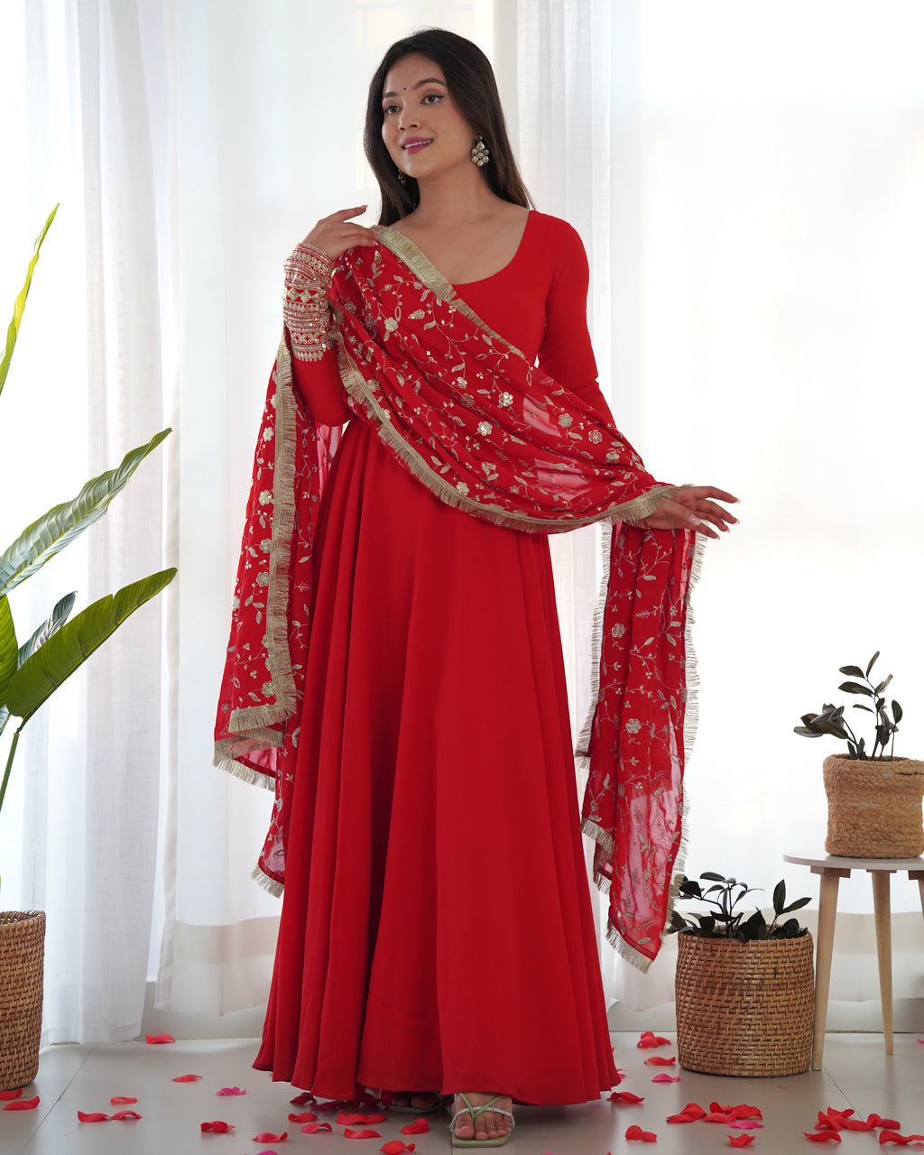Red Pure Soft Georgette Anarkali Suit Set with Huge Flair & Dupatta for Festivals