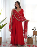 Red Pure Soft Georgette Anarkali Suit Set with Huge Flair & Dupatta for Festivals
