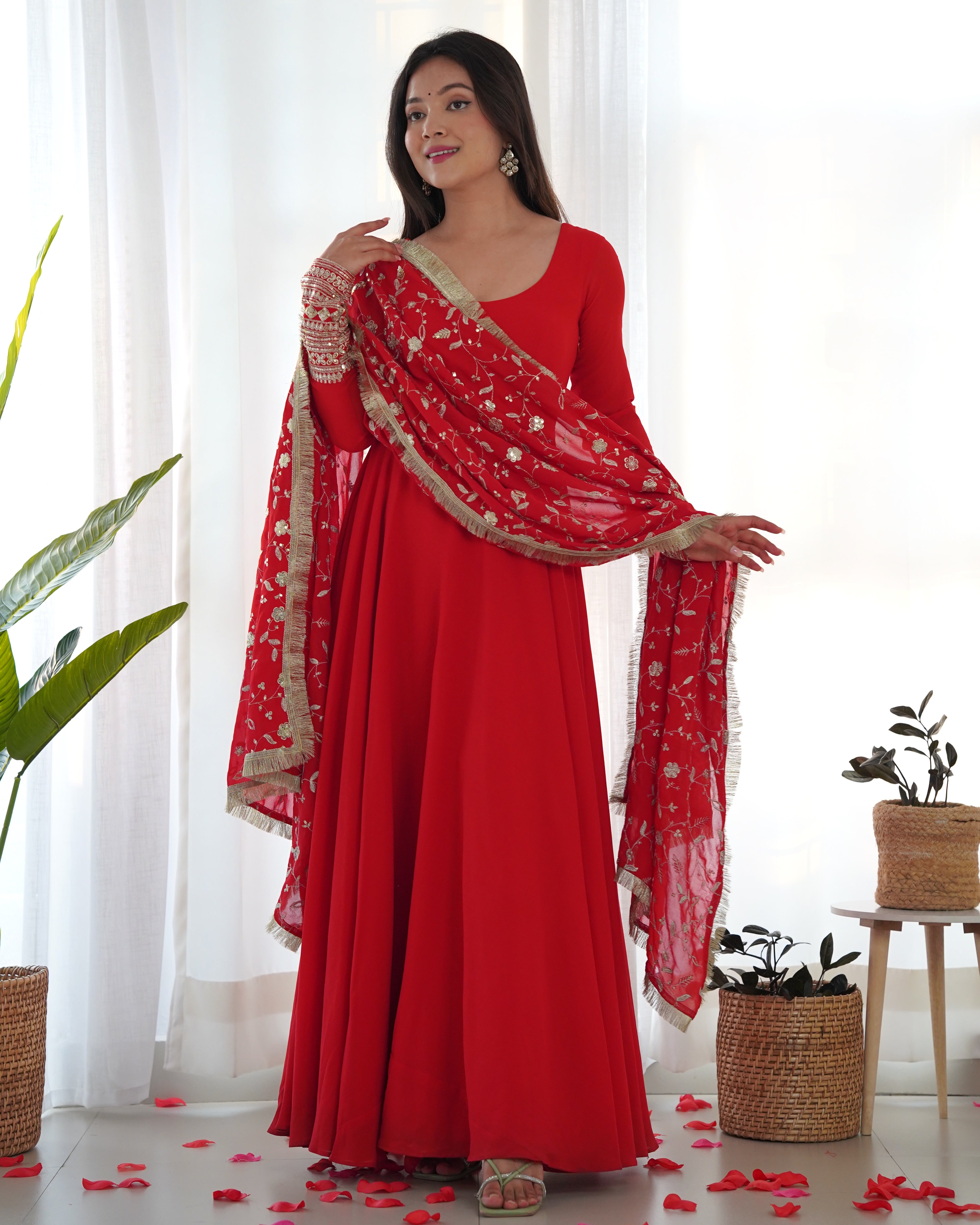 Red Pure Soft Georgette Anarkali Suit Set with Huge Flair & Dupatta for Festivals