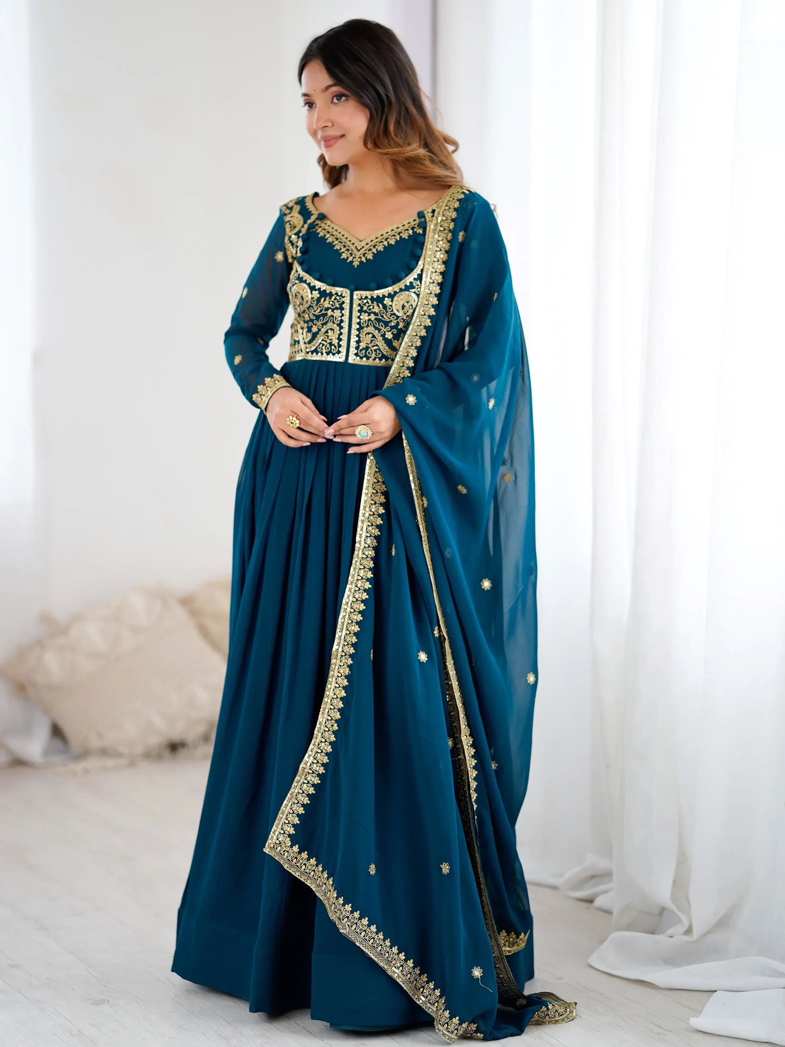 Blue Beautiful Dori Work Georgette Festival Wear Gown With Dupatta