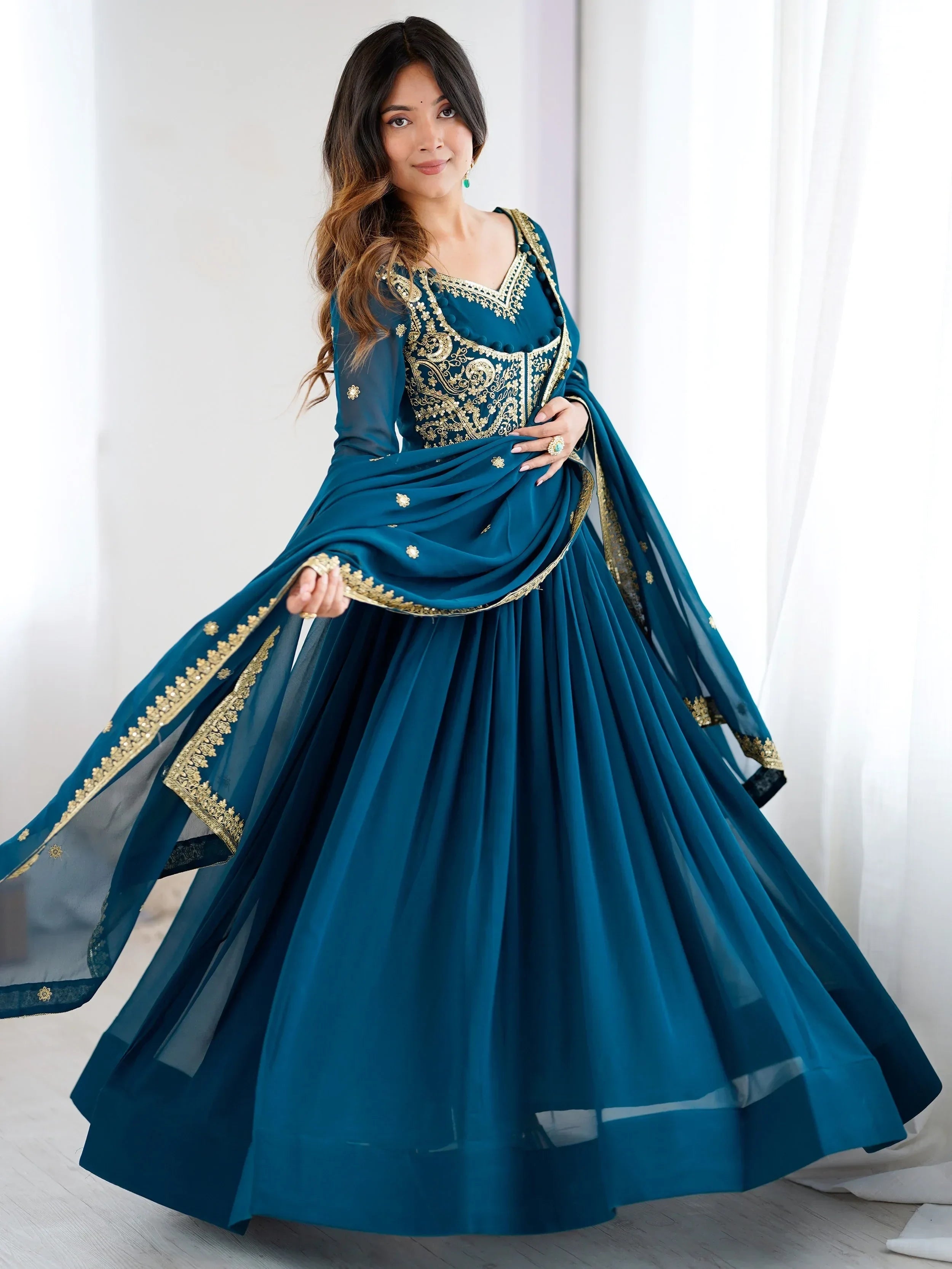 Blue Beautiful Dori Work Georgette Festival Wear Gown With Dupatta