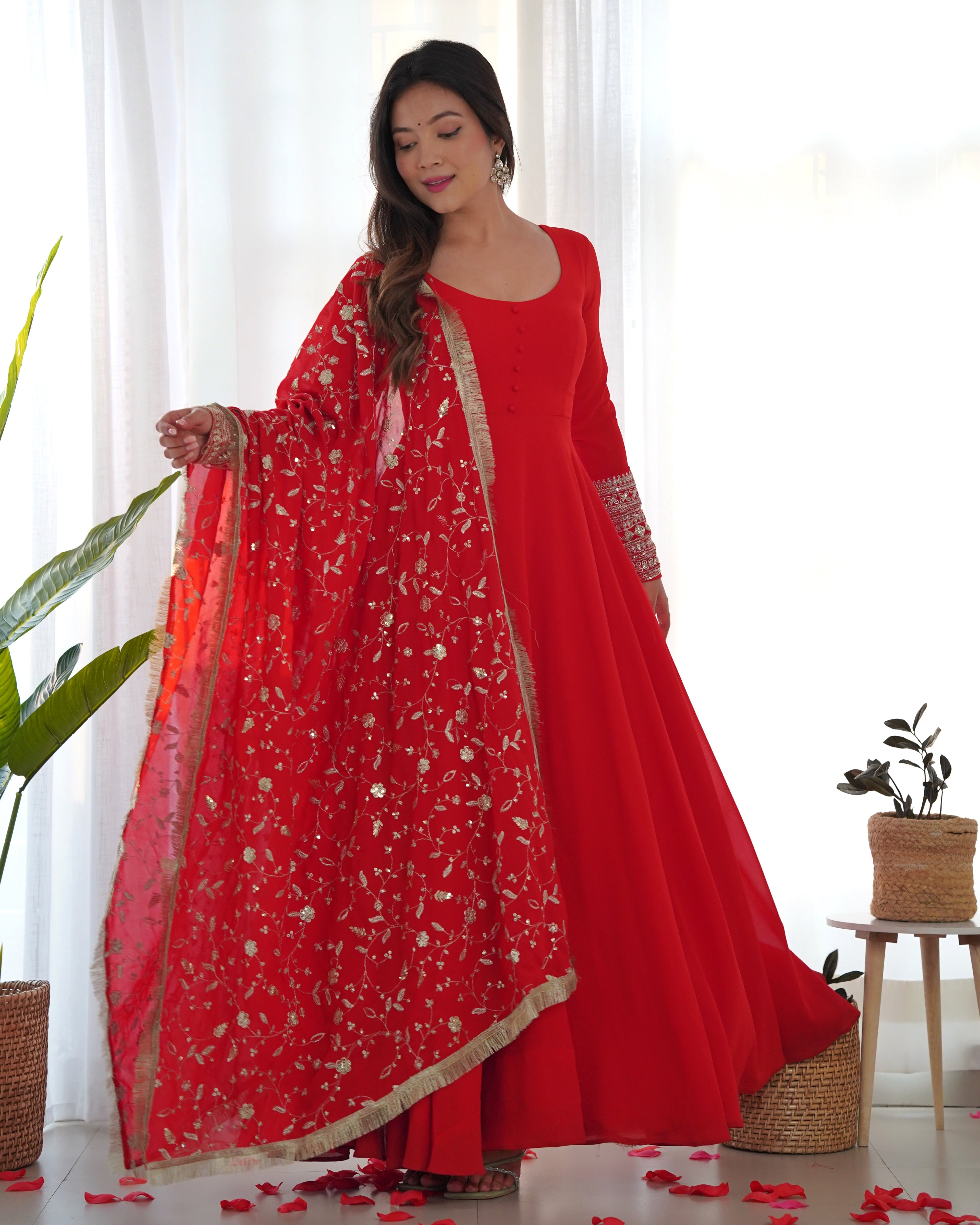 Red Pure Soft Georgette Anarkali Suit Set with Huge Flair & Dupatta for Festivals